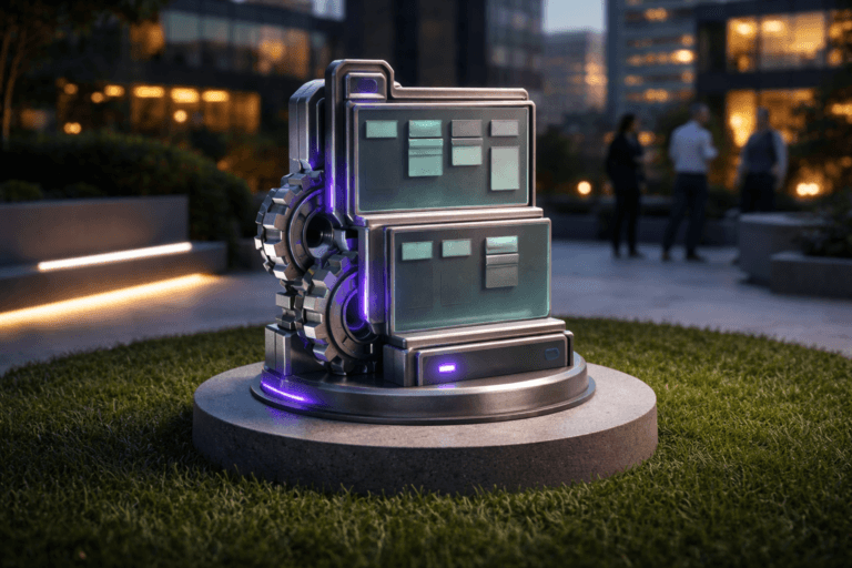 A photorealistic medium-wide cinematic shot, camera positioned approximately 1–2 meters from the subject, capturing a tangible 25–30 cm tall desk sculpture that realistically embodies a "Scrum Master" — refined into a real-world isometric 3D figurine: stacked miniature scrum-board panels and interlocking mechanical gears, fabricated from brushed aluminum edges, matte dark-gray zinc, and translucent resin facets (muted cyan and slate) with clean, tactile joins; the sculpture sits on a low circular concrete plinth embedded in vibrant, perfectly trimmed synthetic turf. The object integrates subtle electric-purple accent inlays (hex #7B63FF) and a discreet micro-LED pulse to indicate activity, tasteful and non-dominant, showing form, texture, and scale readable at 1–2 meters. Set in an optimized Tech‑Noir urban rooftop innovation courtyard at dusk: background elements include glass office façades with warm interior screens, a soft LED bench, and distant city lights; a small group of diverse professionals in business-casual attire occupies the periphery, candid and out of focus, secondary to the sculpture. Lighting is low-key and practical — a soft integrated white spotlight from above/side gently sculpts the form, a cool LED strip under the plinth adds subtle rim light, and ambient screen glows and city neon provide restrained color contrast; control reflections to preserve material detail. Camera: 35mm photographic look, medium-wide framing, slight 10° downward angle, aperture ~f/2.8–f/4 for shallow-to-medium depth of field, natural filmic bokeh, low ISO, crisp focus on the sculpture with soft background falloff. Color palette: neutral corporate tones with restrained neon accents and primary electric purple highlights, photorealistic rendering of fine textures (brushed metal grain, resin translucency, individual turf fibers), avoid surreal exaggeration. Constraints: no text, no captions, no watermarks, no floating or dominant logos, realistic scale and human interaction cues, ultra-detailed, premium materials, cinematic realism, natural depth of field, 8K.