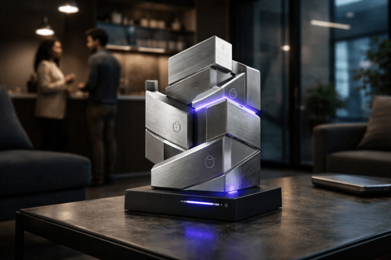 A photorealistic medium-wide cinematic shot, camera positioned approximately 1–2 meters from the subject, capturing a refined, physically plausible Sec Ops tabletop sculpture (no brand logo) clearly readable within a realistic environment. The hero object: a 30–40 cm high stacked isometric sculpture made of brushed aluminum plates and frosted acrylic panes arranged in a recognizable isometric block composition, mounted on a low matte-black anodized base. Surfaces feature subtle engraved symbols (lock, shield, code bracket) and a discrete recessed OLED status strip that pulses a restrained electric purple (#7B63FF) to indicate activity; materials show realistic brushed metal grain, micro-scratches, and soft subsurface glow from the acrylic without any floating or oversized glow effects. Set in a modern corporate break room corner in a tech company headquarters (low coffee table, polished concrete floor, minimalist shelving, a glass partition and a single pendant lamp), optimized as a lived-in Tech‑Noir environment with neutral corporate tones and restrained neon accents. Human presence: two diverse professionals in the background and periphery—one Black woman and one South Asian man in smart-casual attire, candid posture, neutral expressions, interacting at the counter; they are secondary and softly out of focus so the sculpture remains dominant. Lighting is low-key and practical: warm pendant lamp and a laptop screen provide local light, a soft integrated white spotlight from the side (≈30°) sculpts form and reveals texture, and a subtle electric-purple rim light (#7B63FF) accents edges to suggest intelligence without overpowering realism. Camera and framing: 35mm cinematic look, medium-wide composition, eye-level slightly above the table, depth of field shallow-to-medium (f/2.8–f/4) with sharp focus on the sculpture and creamy bokeh on background figures and furnishings. Color palette: neutral charcoals, warm woods, brushed metal, with precise electric-purple accents and muted cyan fills; reflections and ambient occlusion rendered photorealistically. Style and finish: cinematic photographic realism with subtle Tech‑Noir influence, premium materials, ultra-detailed textures, realistic reflections, natural shadowing, and tangible scale. Constraints: no text, no captions, no logos, no watermarks, no floating elements, photorealistic, ultra-detailed, 8K.