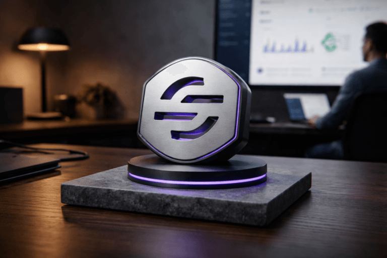 A photorealistic medium-wide cinematic shot, camera positioned approximately 1–2 meters from the subject, capturing a refined real-world hero object: an official Segment logo rendered as a 3D isometric die-cut metal emblem (accurate official Segment mark) — brushed aluminum face with deep isometric facets, laser-etched details, mounted on a low-profile matte black base and resting on a matte grey soapstone slab so the emblem is clearly readable at 1–2 meters. The object integrates subtle electric-purple accents (#7B63FF) as a thin recessed LED ring around the base and a faint purple rim-light along the emblem facets to indicate activity without overpowering realism. Set in a modern product-analytics workspace with a Tech‑Noir mood — a polished dark-wood desk, soft concrete wall, an ultrawide monitor in the mid-background showing an out-of-focus Segment dashboard where the logo appears naturally on the UI, and a blurred diverse engineer working at a laptop in the periphery; lived-in desk details (lamp, notebook, cable) create believable context. Lighting is low-key and practical: warm desk lamp and monitor ambient light, with a soft integrated white spotlight from above-side gently revealing metal texture, embossed edges, and soapstone grain; subtle controlled reflections on the emblem, restrained neon purple accents, neutral corporate tones with minimal saturated color. Cinematic photographic realism, medium-wide composition with slight low angle (~15°), 35mm / 50mm photographic look, shallow-to-medium depth of field (aperture around f/2.8–f/4) to keep emblem sharp and background naturally blurred, premium materials, ultra-detailed, 8K. Constraints: no captions, no added text overlays, no watermarks, no floating or exaggerated glowing logos, no surreal elements — strictly photorealistic and brand-safe.