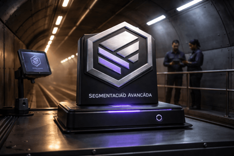 A photorealistic medium-wide cinematic shot, camera positioned approximately 1–2 meters from the subject, capturing a refined real-world hero object: a precision-machined 3D isometric emblem of the "Segmentação Avançada" logo rendered as a physical sculpted plaque (brushed aluminum face with deep isometric relief, beveled edges, matte-black anodized metal mounting pedestal), logo permanently and realistically affixed to the pedestal and clearly readable at distance; embedded along the pedestal base a slim OLED status strip and a recessed indicator ring that emits a restrained electric purple (#7B63FF) pulse to imply active intelligence, subtle micro-surface textures and tight CNC machining visible on close inspection. The object integrates subtle electric-purple accents indicating intelligence or activity without overpowering realism. Set in a clean, industrial metallic ventilation tunnel (wide ventilation duct converted into a controlled tech corridor) with riveted steel panels, a maintenance catwalk and practical LED strip lights; a tablet on an articulated arm near the pedestal shows a muted UI with the same logo on its screen (logo placement realistic on device), two maintenance technicians (diverse, professional, neutral expressions) are candidly positioned on the catwalk in the background and slightly out of focus so humans feel present but secondary. Lighting is low-key and practical: cool LED strips along the tunnel, warm work-lamp on the pedestal, and a soft integrated white spotlight from above at a shallow side angle to reveal form, texture and depth while maintaining subtle Tech‑Noir contrast; specular highlights on metal are controlled, no excessive glow. Composition: medium-wide frame, slight low-angle 5–10° to emphasize monumentality of the emblem, 35mm photographic look, shallow-to-medium depth of field (emblem sharply in focus, background softly defocused), natural perspective and believable scale so the logo reads from 1–2 meters. Color palette: neutral corporate greys, gunmetal and matte black with restrained neon accent in electric purple #7B63FF and warm practical amber highlights. Style: cinematic photographic realism with subtle Tech‑Noir influence, premium materials, ultra-detailed surface rendering, natural imperfections (fingerprints, fine dust) for realism, 8K photoreal render. Constraints: no text overlays, no captions, no watermarks, logo integrated only as physical or on-device signage, no floating or unreal glow effects.