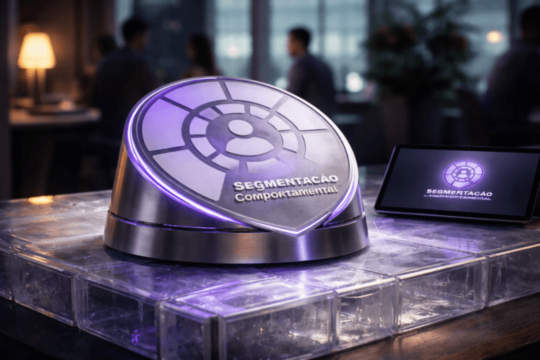 A photorealistic medium-wide cinematic shot, camera positioned approximately 1–2 meters from the subject, capturing a polished 3D isometric sculptural emblem of the "Segmentação Comportamental" logo as the hero object (physically rendered, ~30 cm wide) resting naturally on a tabletop built from translucent glass bricks with soft internal backlighting. The emblem is a real-world object: brushed anodized aluminum base, frosted acrylic face with micro-etched segment lines and tasteful inlaid logo inlay (clearly readable at 1–2 m), subtle engraved data-patterns, and tiny embedded micro-LEDs that indicate activity. The scene includes a realistic tablet screen beside the emblem showing the same official logo on a device screen (logo placement realistic on hardware, not floating). The object integrates restrained electric-purple edge-lighting (#7B63FF) as thin rim LEDs and faint channel glows to indicate intelligence, without overpowering realism. Set in a refined modern Tech‑Noir corporate demo environment — a low-key executive demo desk or product studio inside an open office at dusk — with practical light sources: a warm desk lamp, a laptop/tablet screen, and soft window light; a soft integrated white spotlight from above-left gently reveals form, texture and depth while subtle purple rim light provides accent. Natural human presence appears in the background/periphery: diverse professionals, candid postures, neutral expressions, softly blurred to remain secondary. Lighting: low-key, controlled ambient, practical sources, soft volumetric haze, realistic specular highlights and reflections on the translucent glass-brick surface. Visual style: cinematic photographic realism with Tech‑Noir influence, neutral corporate palette with restrained neon accents, primary accent electric purple #7B63FF used subtly. Camera: 35mm photographic look, medium-wide framing, slight low angle, natural shallow-to-medium depth of field with emblem razor-sharp and background softly defocused. Materials: premium brushed metal, frosted acrylic, glass, micro-textures, ultra-detailed surfaces. Render photorealistic, studio-grade, ultra-detailed, 8K. Constraints: no text overlays or captions, no watermarks, no floating or exaggerated glowing logos, logo must be integrated realistically into physical objects.
