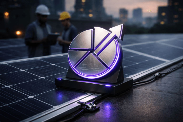 A photorealistic medium-wide cinematic shot, camera positioned approximately 1–2 meters from the subject, capturing a refined, real-world hero object: a freestanding 3D isometric brand emblem of the official "Segmentação de Mercado" logo rendered as layered polished brushed-aluminum and frosted acrylic, approx. 25 cm wide, edge-lit with thin electric-purple (#7B63FF) accenting along the acrylic layers and subtle PCB-style etching on the metal face; the logo is physically mounted on a low-profile matte-black anodized base and securely attached to the surface of a dark-blue photovoltaic solar panel with a visible silver conductive grid (realistic screws and mounting clips), logo scale and placement readable at 1–2 meters. The object integrates subtle electric-purple accents indicating intelligence or activity via two tiny status LEDs and a restrained violet edge-glow—clearly present but not dominating. Set in a believable Tech‑Noir rooftop solar array environment at dusk on a modern corporate building: rows of dark-blue solar panels with silver grids, an urban skyline softly blurred in the distance, and two diverse technicians in the background (professional workwear, candid neutral expressions, one viewing a tablet showing a faintly lit dashboard, one checking panel connections) placed peripherally so humans are secondary to the hero object. Lighting is low-key and practical—soft integrated white spotlight from above/side gently revealing metal and acrylic textures, warm amber utility LEDs on nearby equipment, cool tablet screens and restrained electric‑purple status lights for accent; controlled ambient dusk light produces long soft shadows and subtle specular highlights on metal and glass. Camera: 35mm photographic look, medium-wide framing, natural shallow-to-medium depth of field (hero object tack sharp, background softly defocused), eye-level to slightly elevated angle, premium materials visible (brushed metal grain, frosted acrylic translucency, tempered glass sheen, fine mounting hardware), realistic reflections and microdetail on surfaces. Color palette: neutral corporate tones (charcoal, slate, matte black, brushed silver) with restrained neon accents—primary accent Electric Purple #7B63FF—balanced for cinematic realism. Style: cinematic photographic realism with subtle Tech‑Noir influence, ultra-detailed textures, photoreal rendering, 8K. Constraints: no floating or levitating logo, logo placed realistically on device/panel; no text captions or overlays on the image, no watermarks, no exaggerated glowing effects, photoreal only.