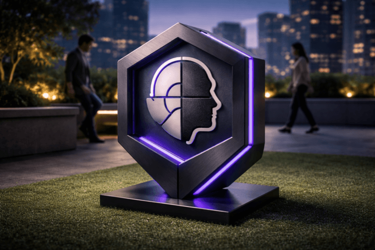A photorealistic medium-wide cinematic shot, camera positioned approximately 1–2 meters from the subject, capturing a single dominant 3D isometric physical logo sculpture for the brand "Segmentação Psicográfica" — a clearly readable, 70–90 cm tall isometric emblem constructed from matte black anodized aluminum faces, satin-brushed aluminum edges and frosted acrylic insets; the official logo is recessed and engraved on the front face with a subtle diffused backlight so the mark is naturally integrated into the object. The object integrates subtle electric-purple accents (#7B63FF) through thin, recessed LED seams and edge-glow that indicate activity without overpowering realism. Set on a perfectly manicured vibrant green synthetic turf on an urban rooftop terrace at dusk — low planter walls, a low modern bench, and a softly blurred city skyline with restrained neon hints in the background to preserve a Tech‑Noir atmosphere. Natural human presence: two to three diverse professionals in neutral business-casual clothing positioned in the background/periphery (one leaning on the bench, one walking past), candid postures, neutral expressions, clearly secondary to the logo. Lighting is low-key and practical: ambient city and building lights, a warm architectural lamp near the bench, and a soft integrated white spotlight from above/side gently revealing the sculpture’s form, texture and depth; subtle rim light separates the object from the skyline; measured purple fill from the LED seams provides accent. Camera framing and optics: medium-wide composition, 35mm photographic look, camera roughly 1.5 meters from object, slight low-angle, natural shallow-to-medium depth of field with the sculpture crisply in focus and background bokeh. Materials and detail: ultra-detailed surface textures (micro-scratches on metal, soft frosting in acrylic, visible synthetic turf fibers and realistic contact shadows), premium photoreal rendering, cinematic color grading with neutral corporate tones (charcoal, graphite, warm concrete, deep navy) and restrained neon accents, electric purple as primary accent, high dynamic range. Constraints: photorealistic, no stylized/cartoon rendering, no captions or text overlays, no watermarks, no floating or impossible elements, logo placement realistic and physically integrated, ultra-detailed, 8K.