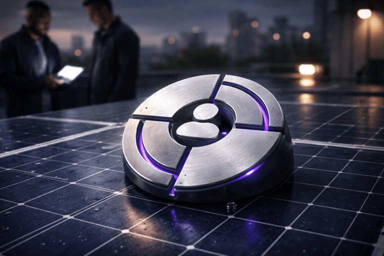 A photorealistic medium-wide cinematic shot, camera positioned approximately 1–2 meters from the subject, capturing a polished 3D isometric emblem as the refined real-world hero object — a tangible, non-text segmented-target logo representing "Audience Segmentation" (no legible words), crafted from anodized brushed aluminum with matte inlays, gently seated and affixed on a dark‑blue photovoltaic solar panel with a realistic silver busbar grid; the emblem is clearly readable within a realistic environment and shows subtle manufacturing details (screw mounts, micro-rivet shadow, tiny dust and water beading) to confirm physical presence. The object integrates subtle electric-purple accents (#7B63FF) as thin inlaid LEDs along the emblem seams and a single low-intensity status indicator, suggesting intelligence/activity without glowing excessively. Set on an urban rooftop solar array at dusk in an optimized Tech‑Noir environment — distant city skyline bokeh, low ambient haze, and service walkways — with natural human presence: two diverse technicians in business-casual outerwear in the mid/background (candid posture, neutral expressions), one checking a tablet whose screen provides a practical cool white fill light; humans are secondary and softly out of focus. Lighting is low-key and practical: cool tablet light and a small utility lamp in the background, complemented by a soft integrated white spotlight from above/side that gently sculpts form, reveals texture and metallic sheen, and creates realistic reflections on the solar panel surface. Composition: medium-wide, 50mm photographic look, f/2.8–f/4 for shallow-to-medium depth of field, camera ~1.5 meters from emblem, slightly low angle to emphasize object hierarchy, natural perspective, crisp foreground detail with gradual background falloff. Color palette: neutral corporate tones (charcoal, steel, deep blue) with restrained neon accents (electric purple #7B63FF), subtle cyan highlights and warm tungsten rim light for depth. Visual style: cinematic photographic realism with a subtle Tech‑Noir mood, premium materials, ultra-detailed surface textures, realistic specular highlights, believable shadows, natural reflections, no surreal floating elements. Render: photorealistic, ultra-detailed, 8K. Constraints: no captions, no text overlays, no watermarks; logo is physically affixed (no floating), LED accents are subtle (no bloom or excessive glow). Cinematic realism, natural depth of field, premium materials, ultra-detailed, 8K.