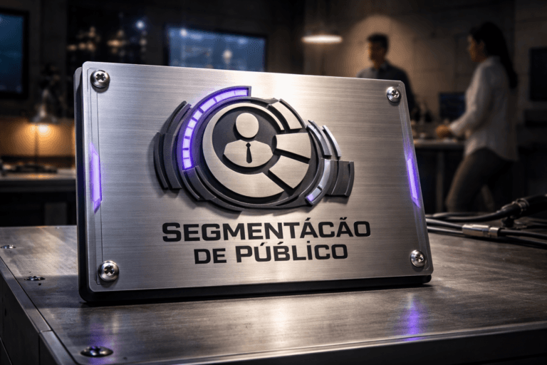 A photorealistic medium-wide cinematic shot, camera positioned approximately 1–2 meters from the subject, capturing a physical 3D isometric-style emblem of the "Segmentação de Público" brand — a refined ~25 cm wide metal and matte-polymer badge with the official logo CNC-cut and subtly raised, mounted flush on a brushed stainless-steel plate secured by four industrial hex screws in the corners; the logo is clearly readable at this distance with precise edges, engraved detail and mixed finishes (brushed aluminum faces, matte black insets, polished chamfers). The object integrates discreet indicator seams and thin LED inlays with subtle electric purple accents (hex #7B63FF) signaling activity, applied sparingly so they suggest intelligence without floating elements or excessive glow. Set in a modern industrial tech studio / product-design bench: a brushed-metal worktable with visible screw heads, concrete floor, wall-mounted monitors and a warm desk lamp, tidy cables and tooling; two diverse professionals in business-casual attire occupy the background/periphery, candid and slightly out of focus so they remain secondary to the emblem. Lighting is low-key and practical — cool monitor glow and a warm task lamp for ambient contrast, complemented by a soft integrated white spotlight from above at a side angle that sculpts form, reveals surface texture and casts controlled soft shadows. Camera and framing: 35mm-equivalent look, medium-wide composition, eye-level perspective, shallow-to-medium depth of field with the emblem in razor sharp focus and a natural bokeh background, slight camera tilt to emphasize the emblem’s isometric geometry. Color palette: neutral corporate grays, deep charcoals, brushed steel and matte black with restrained electric purple (#7B63FF) accents and warm practical highlights. Visual style: cinematic photographic realism with subtle Tech‑Noir influence, premium materials, ultra-detailed surface microtextures (brushed metal grain, micro-etch, tiny tool marks), realistic reflections and accurate contact shadows. Level of realism: strictly photorealistic, no surreal elements. Constraints: no captions, no text overlays, no watermarks, no floating or oversized logos, logo placement must be realistic (etched/raised on the emblem). Ultra-detailed, 8K.