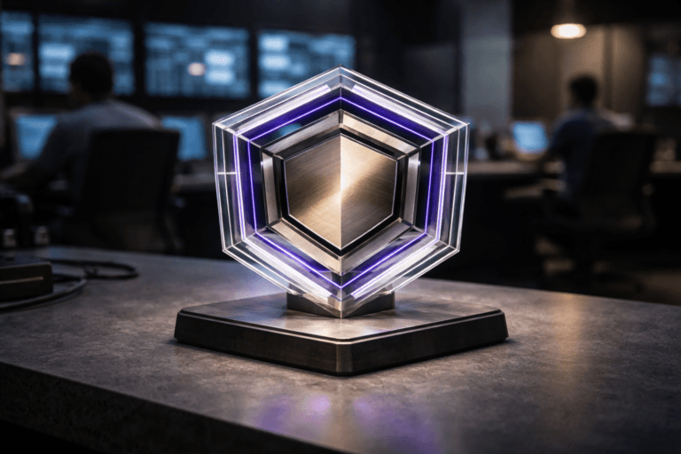 A photorealistic medium-wide cinematic shot, camera positioned approximately 1–2 meters from the subject, capturing a refined, real-world hero object: a precision-machined, desktop-scale hexagonal security emblem — a physical shield sculpture (~25 cm across) composed of stacked translucent optical-grade acrylic layers with satin edges, separated by slim brushed-aluminum spacers, protecting a compact machined-metal core with a high-precision finish that emits a soft warm-white glow; a discreet thin LED inlay around the core provides subtle electric purple accents (Electric Purple #7B63FF) indicating activity without overpowering realism. The object rests on a matte gray soapstone slab (pedra sabão cinza fosca) integrated into a modern corporate Security Operations Center countertop. Set in a lived-in Tech-Noir environment: low-key SOC interior with a wall of blurred monitoring screens, glass partitions, ergonomic chairs and two diverse engineers working in the background (neutral, candid posture, out-of-focus), cables and minimal desk accessories at the periphery to reinforce scale. Lighting is low-key and practical — ambient illumination from monitors and practical desk lamps, complemented by a soft integrated white spotlight from above and a gentle side fill that sculpts form and reveals microtexture, plus restrained purple rim light matching #7B63FF for subtle futuristic emphasis. Cinematic photographic realism with a slight Tech-Noir influence, natural shallow-to-medium depth of field (35mm cinematic look, f/2.8–4), medium-wide framing that centers the hexagonal emblem while keeping background context readable, accurate materials (brushed aluminum, optical acrylic, matte soapstone), ultra-detailed surface texture, photoreal 8K. No text, no captions, no logos floating or glowing, no watermarks.