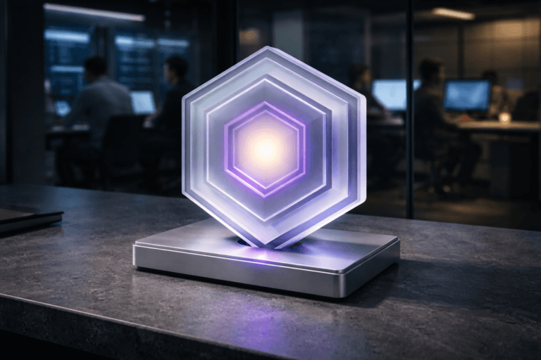 A photorealistic medium-wide cinematic shot, camera positioned approximately 1–2 meters from the subject, capturing a refined, real-world desktop security sculpture: a tactile hexagonal shield formed by four concentric translucent shells (frosted borosilicate glass and matte acrylic), layered in precise isometric alignment protecting a centrally recessed luminous core (warm-white LED with a subtle electric-purple halo #7B63FF). The sculpture rests on a low-profile brushed-aluminum pedestal on a matte gray soapstone tabletop, sized to be clearly readable at 1–2 meters with visible chamfered edges, micro-sanded surfaces, fine seams, and gentle subsurface scattering. The object integrates restrained electric-purple inlaid rim accents and a soft internal glow to indicate intelligence or activity without overpowering realism. Set in a modern Tech‑Noir corporate workspace: a dimly lit security-operations conference area with a wall of monitors and a glass partition, blurred background showing diverse engineers and product managers in business-casual attire working candidly at screens (secondary to the hero object). Lighting is low-key and practical — cool monitor light and a warm desk lamp in the background, complemented by a soft integrated white spotlight from above-left that sculpts form and reveals texture; controlled reflections on glass and metal, subtle atmospheric haze. Visual style: cinematic photographic realism with subtle Tech‑Noir influence; neutral corporate tones with restrained neon accents and primary accent electric purple #7B63FF. Camera/framing: medium-wide, slight low angle, 35mm photographic look, natural shallow-to-medium depth of field (subject razor-sharp, background pleasing bokeh), centered composition with balanced negative space. Materials: frosted glass, matte acrylic, brushed aluminum, soapstone. Level of realism: photorealistic, production-quality, ultra-detailed, high dynamic range, 8K. Constraints: no text, no captions, no logos, no watermarks, no floating or impossible elements. Cinematic realism, natural depth of field, premium materials, ultra-detailed, 8K.