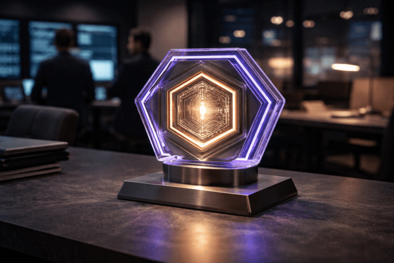 A photorealistic medium-wide cinematic shot, camera positioned approximately 1–2 meters from the subject, capturing a refined real-world hero object: a physical hexagonal tabletop security emblem — stacked multi-layer translucent resin/acrylic hexagonal shield (approximately 25–30 cm across) with concentric translucent layers protecting a central illuminated core; the core is a warm white LED module with finely etched metallic circuit motifs (brushed copper/gold) visible through the layers, mounted on a matte brushed-aluminum pedestal set on a matte gray soapstone surface, clearly readable within a realistic environment. The object integrates subtle electric-purple accents (#7B63FF) in thin edge-lit rims and micro-LED status indicators, indicating intelligence or activity without overpowering realism. Set in a modern corporate tech-noir environment: an after-hours security operations conference room / engineer workstation with blurred diverse engineers in the background, wall monitors showing subdued telemetry and logs (out of focus), and a faint city-night window glow; the surface is lived-in with minimal desk items and comfortable, professional furnishings. Lighting is low-key and practical, complemented by a soft integrated white spotlight from above slightly to the side, with fill from monitor glows and a restrained electric-purple rim light to sculpt edges, gently revealing form, texture, and depth. Photographic details: cinematic photographic realism, 35mm lens equivalent, medium-wide framing, camera at table height, shallow-to-medium depth of field (approx f/2.8) creating natural bokeh on background people and screens, low ISO for clean shadows, precise focus on the emblem. Color palette: neutral corporate tones (charcoal, slate gray, brushed metal, warm neutrals) with restrained neon accents (electric purple #7B63FF and soft cyan highlights). Materials and texture: hand-polished translucent acrylic/resin layers, fine-edge machining, brushed aluminum, matte soapstone — ultra-detailed surface textures with realistic micro-scratches, dust, and specular highlights. Composition and realism constraints: primary subject dominant and readable from 1–2 meters, humans secondary and naturally posed, no floating or surreal elements, physically plausible scale and weight. Constraints: no text overlays, no captions, no watermarks, no floating logos or unrealistic glow; photorealistic, premium materials, ultra-detailed, 8K.