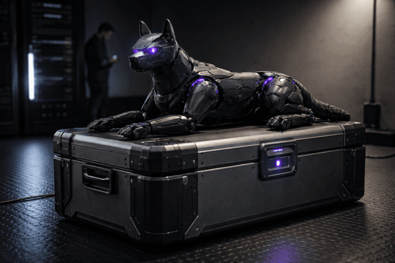 A photorealistic medium-wide cinematic shot, camera positioned approximately 1–2 meters from the subject, capturing a refined real-world hero object: a realistic quadruped security robot (size of a large Belgian Malinois) made of matte black titanium and carbon-fiber panels, visible mechanical servos and rubberized paw pads, lying in a relaxed guard pose on top of a heavy-duty secure chest/vault (brushed steel with reinforced seams, biometric scanner-style bezel and recessed latch — no text or logos). The robot and chest are clearly readable and physically plausible from 1–2 meters; the robot shows subtle operational details (hinges, vents, wear at edges) and a faint status glow. The object integrates subtle electric-purple accents (LED tracer lines, joint indicators) using Electric Purple #7B63FF to indicate intelligence/activity without overpowering realism. Set in a believable Tech‑Noir secure staging area: black anti-slip rubber coin-pattern floor (industrial safety mat), low-minimalist backdrop with a blurred server-rack and matte concrete wall graduated into a soft dark gradient, a single technician (diverse, professional, candid posture) in the far background checking a tablet — human presence secondary and out of focus. Lighting is low-key and practical: narrow LED strip illumination from the server rack, a cool white side practical lamp, and a soft integrated white spotlight from above at 45° gently revealing form, texture, and depth; restrained neon purple accents reflect subtly on nearby surfaces. Color palette: neutral corporate tones (charcoal, slate, brushed steel) with restrained Electric Purple #7B63FF accents. Camera: 35mm photographic look, medium-wide framing, aperture f/2.8 for shallow-to-medium depth of field, natural bokeh on background elements, eye-level to slightly elevated angle. Materials: matte metals, carbon fiber, rubber texture, polished steel chest details, high-resolution surface microdetail. Style: cinematic photorealism with subtle Tech‑Noir mood, ultra-detailed, photoreal, 8K. Constraints: no captions, no text overlays, no visible brand logos, no watermarks.
