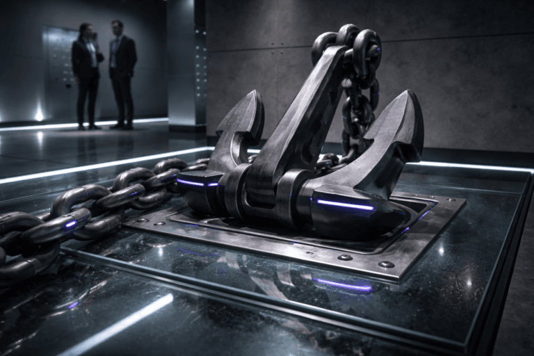 A photorealistic medium-wide cinematic shot, camera positioned approximately 1–2 meters from the subject, capturing a heavy forged ship anchor (stockless maritime anchor, matte dark steel, ~2–3 metric tons) with a thick industrial chain clearly readable within a realistic environment. The anchor rests on and is secured to a recessed stainless-steel anchoring plate beneath a thick tempered glass floor; several large chain links pass over the glass surface with natural contact scratches and subtle oil patina. The object integrates subtle electric-purple accents (#7B63FF) along selected chain seams and a thin inlay on the anchoring plate to indicate intelligence/activity without overpowering realism. Set in a Tech‑Noir corporate showroom / secure data‑infrastructure walkway: thick tempered glass floor with embedded low-profile LED edge lighting, minimalistic gradient backdrop (deep charcoal to soft graphite), polished concrete walls and a discreet rack of server-like equipment visible through frosted glass in the mid-background, with two diverse professionals (business‑casual, neutral expressions) positioned in the periphery, slightly out of focus, observing the installation. Lighting is low-key and practical — integrated LED edge lights, faint cool fill from the server rack, and a soft integrated white spotlight from above at a side angle gently revealing form, texture, and depth; subtle rim light to emphasize metal edges; controlled reflections and soft caustics on the glass. Cinematic photographic realism, 35mm focal-length look, slight low-angle (20°) to convey scale, shallow-to-medium depth of field (anchor and nearest chain links tack-sharp, background softly defocused), premium materials and ultra-detailed surface microtextures (brushed steel grain, tempered glass micro-scratches, chain weld seams). Color palette: neutral corporate tones (charcoal, graphite, steel) with restrained neon accents in electric purple #7B63FF and cool cyan highlights. Render photorealistic, natural contrast, high dynamic range, filmic grain removed, ultra-detailed, 8K. Constraints: no text, no captions, no logos floating or dominating, no watermarks, no surreal or floating elements — fully physically plausible and brand-safe.