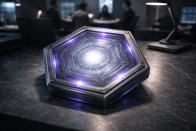 A photorealistic medium-wide cinematic shot, camera positioned approximately 1–2 meters from the subject, capturing a refined 3D sculptural hexagonal shield (approx. 30 cm across) with stacked translucent layers protecting a bright, finely detailed core—materials: frosted optical resin layers, brushed anodized titanium rim, micro‑engraved circuit-like filigree on inner faces—clearly readable within a realistic environment. The shield sits on a matte gray soapstone surface with subtle tool marks and soft reflections; the object shows tactile surface detail, chamfered edges, and layered depth that read clearly at a 1–2 m viewing distance. Subtle electric purple accents (#7B63FF) appear as thin seam lighting and a low-intensity inner-core glow indicating intelligence/activity, integrated naturally into seams and reflections without floating or overpowering realism. Set in a modern Tech‑Noir corporate compliance ops desk: a dim briefing room / operations bench with blurred human presence in the background (diverse professionals in business attire, candid posture, neutral expressions), muted monitors and practical desk lamps providing contextual light. Lighting is low‑key and practical—soft integrated white spotlight from above/side to sculpt form, cool fill from monitors, and restrained purple rim light—producing natural soft shadows and specular highlights on metal and resin. Cinematic photographic realism with a slight overhead angle that preserves an isometric geometric feel while keeping natural perspective, medium-wide framing, 35mm lens look, shallow-to-medium depth of field (subject sharp, background gently blurred), premium materials, ultra-detailed textures, photoreal 8K. No text, no captions, no watermarks, no logos.