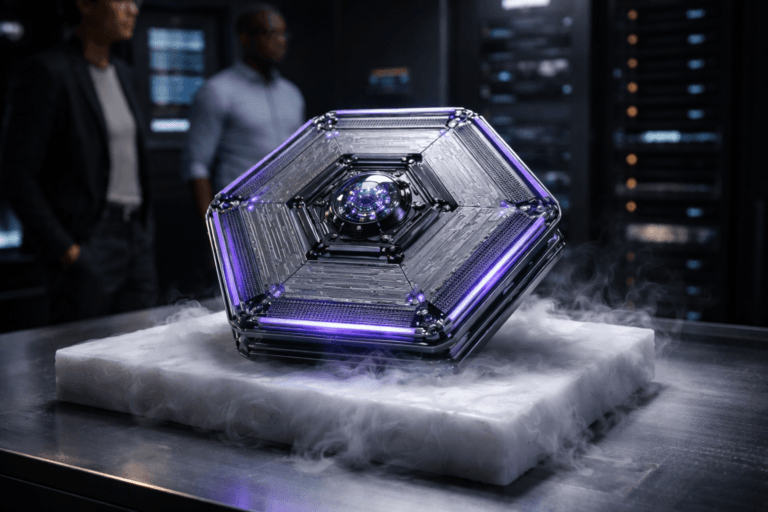 A photorealistic medium-wide cinematic shot, camera positioned approximately 1–2 meters from the subject, capturing a physical futuristic hexagonal security shield (approximately 30–40 cm across) as the refined real-world hero object: multilayer laminated translucent composite plates staggered in concentric hexagonal shells, thin anodized titanium ribs between layers, micro-etched circuit traces and fine conductive filaments visibly embedded between panes, and a sealed central core module under a low-profile glass dome housing a compact cluster of micro-LEDs and polished black ceramic structural elements — a believable hardware security appliance for mobile cybersecurity, clearly readable at 1–2 m. The shield integrates subtle electric-purple accents (#7B63FF) as rim lighting and tiny status LEDs indicating intelligence/activity, without overpowering realism. Set in a controlled Tech‑Noir incident-response lab environment: the shield rests on a solid, smooth white dry-ice slab on a brushed stainless-steel bench, with delicate curling vapor hugging the base (natural sublimation), blurred SOC racks and dim monitors in the background, and two diverse, professional technicians in the periphery (neutral expressions, business-casual tech attire, candid posture) secondary to the main object. Lighting is low-key and practical — soft monitor glows, LED strips, and a subtle side/top integrated white spotlight gently revealing form, surface texture, laminated edges and micro-etching; controlled specular highlights on titanium ribs and glass layers. Composition: medium-wide, slight 10° downward angle, 35mm–50mm photographic look, shallow-to-medium depth of field with focal plane on the shield core, natural bokeh on background monitors. Color palette: neutral corporate tones (charcoal, brushed steel, matte black) with restrained neon accents and the primary accent electric purple #7B63FF. Materials: ultra-detailed, premium (laminated glass, anodized metal, ceramic), photorealistic, cinematic realism, natural reflections and micro-surface imperfections, ultra-detailed 8K. Constraints: no text, no captions, no logos floating or glowing, no watermarks, no identifiable real persons.