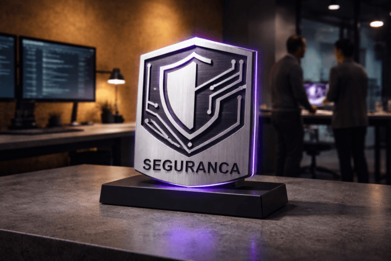 A photorealistic medium-wide cinematic shot, camera positioned approximately 1–2 meters from the subject, capturing a refined real-world hero object: a physical, three-dimensional isometric brand emblem of the fictional security tool "Segurança" — realized as a 30cm brushed-aluminum desk plaque with raised isometric geometry combining a shield and circuit-trace motif, the official 'Segurança' logo skillfully etched and embossed into the metal, matte enamel inlays for contrast, mounted on a low matte-black pedestal on a polished concrete desk so the logo is clearly readable from 1–2 meters. The object integrates subtle electric-purple accents (HEX #7B63FF) — thin LED inlay along the circuit traces and a low-intensity backlight halo behind the emblem indicating intelligence/activity without floating or overpowering realism. Set in a modern corporate AppSec workspace with a natural textured cork wall as the immediate background (real cork bulletin surface with soft gradient), evening/dusk Tech‑Noir mood: monitors with subdued security dashboards and practical light sources (desk lamp, monitor glow) in the periphery, two diverse professionals working and conversing blurred in the background at a standing desk (human presence secondary, candid, neutral expressions). Lighting is low-key and practical, complemented by a soft integrated white spotlight from above and a subtle side rim light that sculpts the plaque’s edges and reveals metal texture and enamel depth; controlled reflections, soft shadows, and micro-detail (scratches, fingerprints, material grain) enhance realism. Visual style: cinematic photographic realism with restrained Tech‑Noir accents; color palette: neutral corporate tones (charcoal, warm concrete, natural cork) with restrained neon electric-purple highlights. Camera & framing: medium-wide, 35mm photographic look, slight low-angle, shallow-to-medium depth of field (plaque sharply in focus, background gently bokeh), filmic dynamic range, ultra-detailed materials, premium finish. Level of realism: photorealistic, production-ready, natural dispositions and scale, believable human and furniture interaction. Constraints: no captions, no text overlays, no watermarks, no floating or glowing logos, preserve realism and legibility of the official logo, 8K, ultra-detailed.
