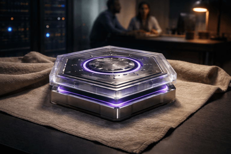A photorealistic medium-wide cinematic shot, camera positioned approximately 1–2 meters from the subject, capturing a refined real-world hero object: a desk-sized hexagonal security sculpture (~30 cm across) — three concentric, precisely CNC-cut translucent acrylic plates stacked as protective layers, each plate with frosted edges and micro-machined alignment pins, enclosing a polished machined titanium core with micro-engraved circuit traces and a recessed LED ring; materials show realistic surface imperfections (fine tool marks, subtle dust in recesses) and the object is physically plausible on a tabletop, clearly readable at 1–2 m. The object integrates subtle electric-purple accents (#7B63FF) as thin internal rim LEDs and gentle edge-lighting between the acrylic layers indicating intelligence/activity, without overpowering realism. Set in a refined real-world Tech‑Noir product demo environment: the sculpture rests on a finely woven raw linen (cru) drape that continues behind as a textured backdrop, placed on a matte dark tabletop; shallowly blurred server-rack LED bokeh and two diverse IT professionals in business-casual attire appear naturally in the background/periphery (out-of-focus, neutral expressions), conveying a lived-in corporate security lab. Lighting is low-key and practical — soft monitor glow from the side, a warm desk lamp, subtle cool LED highlights from the server rack, complemented by a soft integrated white spotlight from above at a 20° side angle to gently reveal form, texture, and depth; restrained volumetric haze in the background enhances depth. Camera/framing: 35mm cinematic look, slight isometric tilt to emphasize the hexagonal geometry, aperture f/4 for natural shallow-to-medium depth of field, focus locked on the front edge of the sculpture, medium-wide composition that keeps humans secondary. Color palette: neutral corporate tones (charcoal, slate, warm beige linen, brushed metal) with restrained electric-purple accents and cool steel highlights; photorealistic, premium materials, ultra-detailed surface textures (woven linen fibers visible at close inspection), subtle specular reflections, no text, no captions, no watermarks, no floating or oversized logos, no text overlays. Cinematic realism, natural depth of field, premium materials, ultra-detailed, 8K.
