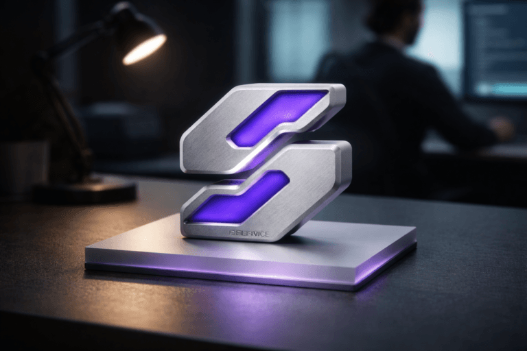 A photorealistic medium-wide cinematic shot, camera positioned approximately 1–2 meters from the subject, capturing a physical 3D isometric sculpture of the official Self-Service brand logo clearly readable within a realistic environment. The logo is a tangible, medium-sized object (approx. 20–30 cm wide) made of brushed aluminum and matte polymer with micro-etched texture, precise isometric geometry, and a subtle inlaid electric purple resin accent (#7B63FF) recessed into channels — realistic, non-glowing material treatment and a discreet embossed brand mark on the front face; no floating or exaggerated effects. The object integrates subtle electric-purple accents indicating intelligence or activity without overpowering realism. Set in a minimalist modern tabletop Tech‑Noir studio: the logo rests on a colored translucent acrylic surface (softly frosted, warm-tinted) placed on a dark matte desk, with restrained neon reflections, a small practical desk lamp and a nearby monitor casting cool ambient light, and one out-of-focus professional (engineer/product manager) in the background periphery to imply human context. Lighting is low-key and practical, complemented by a soft integrated white spotlight from above or the side that gently reveals form, texture, and depth; add a very thin, subtle purple LED edge light at the acrylic base for accent (no excessive glow). Cinematic photographic realism: 35mm/50mm look, medium-wide framing at a slight 3/4 isometric angle, aperture shallow-to-medium (soft background bokeh), natural depth of field, accurate reflections, premium materials, tactile details, ultra-detailed surfaces and edges. Color palette: neutral corporate tones (charcoal, slate, off-white) with restrained neon accents and Electric Purple #7B63FF as primary accent. Constraints: no captions, no text overlays, no watermarks, no floating logo, no overly stylized glow — maintain brand-safe, realistic presentation. Cinematic realism, natural depth of field, premium materials, ultra-detailed, 8K.