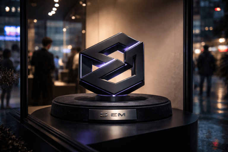 A photorealistic medium-wide cinematic shot, camera positioned approximately 1–2 meters from the subject, capturing a physical 3D isometric sculptural representation of the SEM brand logo — precision-machined matte black aluminum with satin-lacquered faces and beveled isometric geometry, mounted centrally on a low circular deep-black velvet pedestal; the logo sculpture is embossed and realistically integrated with a subtle brushed-metal base plaque (logo visible on the sculpture in realistic scale and placement) — clearly readable within a realistic environment. The object integrates subtle electric-purple accents indicating intelligence or activity (soft edge LED rim and micro-internal illumination in Electric Purple #7B63FF) without overpowering realism. Set in a high-end urban storefront window display at dusk with a minimal soft-gradient interior backdrop and rain-slick city street reflections on the glass, tech-noir mood preserved through restrained neon reflections and cool-warm contrast; diverse pedestrians and a store associate appear naturally in the periphery/reflection, candid and softly out of focus, secondary to the hero object. Lighting is low-key and practical: warm interior display LEDs, cool street neon reflections, and a soft integrated white spotlight from above at a 45° angle to gently reveal form, texture, and depth; premium material rendering with crisp specular highlights on metal and rich pile detail on velvet. Cinematic realism, natural shallow-to-medium depth of field, medium-wide framing, 35mm or 50mm photographic look (approx. f/2.8–4), camera 1–2 meters from subject, ultra-detailed surface textures, photorealistic render, 8K. Constraints: no captions, no text overlays, no watermarks; logo must not float or glow excessively and must remain realistically mounted.