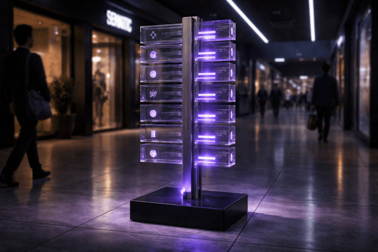 A photorealistic medium-wide cinematic shot, camera positioned approximately 1–2 meters from the subject, capturing a refined real-world hero object: a freestanding "Semantic Layer" metrics sculpture — a physically plausible 60 cm tall stack of laser-cut clear acrylic plates mounted on a matte anodized aluminum spine, each plate featuring subtle engraved metric icons and non-legible canonical SQL snippets etched for texture, low-profile embedded micro-screens (showing abstract metric icons, not readable text), and integrated slim LED channels glowing with restrained electric purple #7B63FF accents to indicate activity; materials: optical-grade acrylic, brushed aluminum, and satin-black base, scale and details clearly readable at 1–2 meters. The object integrates subtle electric-purple accents indicating intelligence or activity without overpowering realism. Set in a modern shopping mall corridor reinterpreted as a Tech‑Noir commercial environment: glossy porcelain tile floor with soft reflections, glass storefronts with muted displays, low ambient pedestrian traffic, and tasteful architectural lighting — dusk/early evening mood with restrained neon reflections. Natural human presence in the background and periphery: diverse professionals in business-casual attire, candid postures, neutral expressions, secondary to the sculpture. Lighting is low-key and practical — storefront downlights, overhead LED strips, and a soft integrated white spotlight from above/side gently revealing form, texture, and depth; subtle rim light emphasizing acrylic edges and purple LEDs. Visual style: cinematic photographic realism with subtle Tech‑Noir influence, neutral corporate palette with restrained neon accents (electric purple #7B63FF as primary accent), medium-wide framing with a 35mm–50mm photographic look, natural shallow-to-medium depth of field, realistic reflections on porcelain tile, premium material textures, ultra-detailed surface microstructure, photoreal 8K. Constraints: no captions, no text overlays, no watermarks. Cinematic realism, natural depth of field, premium materials, ultra-detailed, 8K.