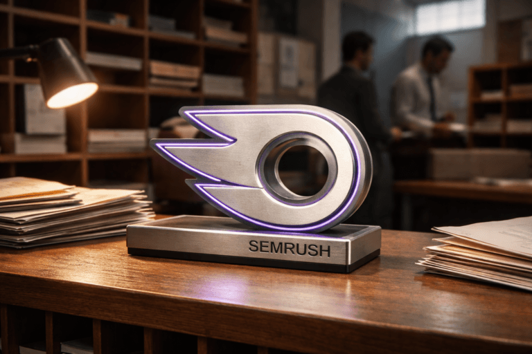 A photorealistic medium-wide cinematic shot, camera positioned approximately 1–2 meters from the subject, capturing a refined physical 3D isometric SEMrush desk emblem (official SEMrush logo rendered as a layered, freestanding tabletop sculpture ~25 cm wide, brushed aluminum base with precision-cut matte acrylic layers forming the isometric logomark, subtle engraved brand wordmark on the metal edge) clearly readable within a realistic environment. The emblem is a real-world object (solid, tactile, instantly recognizable from 1–2 meters) placed on a warm matte wooden mail-sorting table with visible letter slots and a few neatly stacked envelopes; the logo sits on a low, realistic metal stand so it reads naturally with surrounding objects. The object integrates subtle electric-purple accents (#7B63FF) as restrained recessed LED inlays and thin edge lighting within the acrylic layers to indicate intelligence/activity without overpowering realism. Set in a lived-in mailroom / postal sorting workspace with wooden pigeonhole cubby shelves in the background, scattered folders, a clipboard, and two diverse postal workers in business-casual attire engaged in background tasks (candid posture, neutral expressions, out-of-focus to keep the emblem primary). Lighting is low-key and practical: a warm 3200K desk lamp close to the table, soft daylight from a high window at the back, and a soft integrated white spotlight from above/side to gently reveal form, texture, and depth—soft specular highlights on aluminum and subtle subsurface glow in the acrylic. Cinematic photographic realism with subtle Tech‑Noir influence: neutral corporate tones (warm wood, slate gray metal, soft off-white papers) with restrained neon accents limited to electric purple; no saturated color spills. Camera and framing: medium-wide composition, 35mm photographic look, aperture ~f/3.2 for shallow-to-medium depth of field, slight low-angle perspective (subject slightly below eye level), rule-of-thirds placement so the emblem dominates left-center while the mailroom context remains readable. Materials: premium brushed aluminum, frosted and clear acrylic, fine-grain wood, matte paper textures—ultra-detailed microtexture and realistic reflections. Constraints: photorealistic, no text overlays/captions on the image itself, no floating or exaggerated glowing logos, no watermarks, logo placement realistic and integrated (on stand/surface). Cinematic realism, natural depth of field, premium materials, ultra-detailed, 8K.