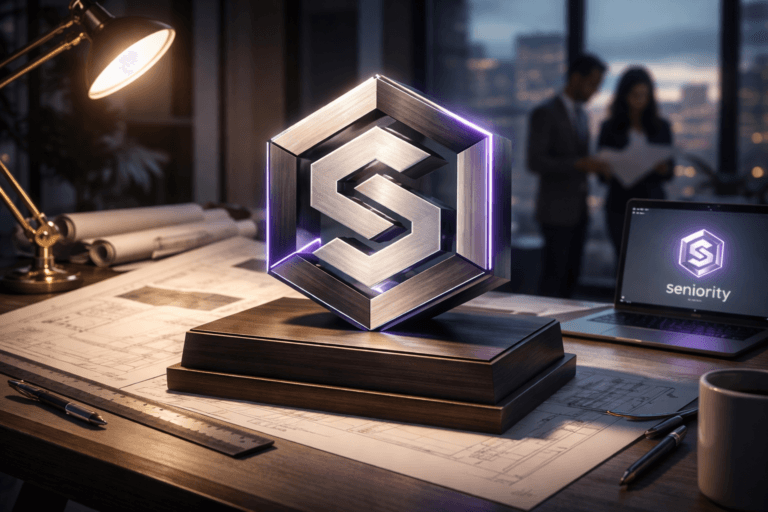 A photorealistic medium-wide cinematic shot, camera positioned approximately 1–2 meters from the subject, capturing a physical 3D isometric sculptural model of the Seniority brand logo — fabricated as a 25 cm wide architectural emblem in brushed matte aluminum with deep matte-black insets and satin-glass facets, embossed and precisely rendered so the official Seniority logo is clearly readable — mounted on a low dark-wood pedestal placed on a tilted architect’s drafting table. The object integrates subtle electric-purple accents (Electric Purple #7B63FF) via very restrained inset LEDs and fine rim-lighting to indicate intelligence or activity without overpowering realism; one small, realistic instance of the official logo is also visible on a laptop screen in the scene (logo anchored to the screen surface, non-floating). Set in a lived-in modern architect’s drafting studio: tilted drawing board with rolled blueprints, mechanical pencils, metal ruler, drafting scale, an articulated brass desk lamp casting warm practical light, a laptop with a faint app mockup, scattered printed reports and a coffee mug; background shows a floor-to-ceiling window with a blurred dusk cityscape to add depth and Tech‑Noir context. Natural human presence in the background/periphery: two diverse professionals in business-casual attire, slightly out of focus and candidly reviewing plans, secondary to the main object. Lighting is low-key and practical (warm desk lamp, laptop glow, window ambient), complemented by a soft integrated white spotlight from above and a subtle side rim light to reveal form, texture, and depth; use restrained purple accent reflections on surrounding surfaces. Cinematic photographic realism: medium-wide composition (35mm or 50mm look), camera ~1.2–1.8 meters from subject, slight low-angle, rule-of-thirds composition with the logo occupying primary focal area, shallow-to-medium depth of field (approx f/2.8–f/4) so the logo is tack-sharp and the background softly defocused. Color palette: neutral corporate tones (charcoal, slate, warm wood, matte black) with restrained neon accents (Electric Purple #7B63FF, subtle cyan highlights). Materials and finish: premium metals, satin glass, matte lacquer, textured paper — ultra-detailed surfaces, realistic micro-engraving, visible seams and machining marks. Render: photorealistic, high dynamic range, filmic grain suppressed, ultra-detailed, 8K. Constraints: no captions, no text overlays on the image, no watermarks, no floating or unrealistic logo effects, logo must be physically integrated and realistically placed.