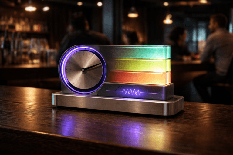 A photorealistic medium-wide cinematic shot, camera positioned approximately 1–2 meters from the subject, capturing a tangible Sentiment Scoring desktop sculpture: a palm-sized, physically plausible isometric desk meter built from a brushed-aluminum base supporting three stacked frosted-acrylic bars (neg→neu→pos gradient), an analog-style circular gauge with a thin black needle and a subtle embedded OLED strip, and a low-relief waveform emblem in tempered glass — all materials clearly readable at 1–2 meters. The object integrates subtle electric-purple accents (#7B63FF) indicating intelligence/activity (thin LED rim around the gauge, faint pulse inside the acrylic bars) without overpowering realism. Set on a polished dark-wood bar counter in a dim, upscale urban bar with Tech‑Noir cues (matte-black metal fixtures, glassware, soft neon traces) — a believable lived-in environment with natural human presence: diverse patrons and a bartender in the background and periphery, candid and slightly blurred so the sculpture remains dominant. Lighting is low-key and practical (warm pendant bulbs, soft neon reflections), complemented by a soft integrated white spotlight from above/side to reveal form, texture, and depth; subtle specular highlights on metal and gentle gloss on the wood. Camera/framing: 35mm–50mm cinematic look, medium-wide frame, eye-level slightly angled view showing the meter face and stacked bars, aperture ~f/2.8 for shallow-to-medium depth of field, natural filmic grain, realistic bokeh on background figures. Color palette: neutral corporate tones (charcoal, warm wood, brushed silver) with restrained electric-purple accents and muted cyan/neon highlights. Realism level: photorealistic, premium materials, tactile surface detail, believable scale and weight, ultra-detailed, 8K. No text, no captions, no UI overlays, no watermarks.