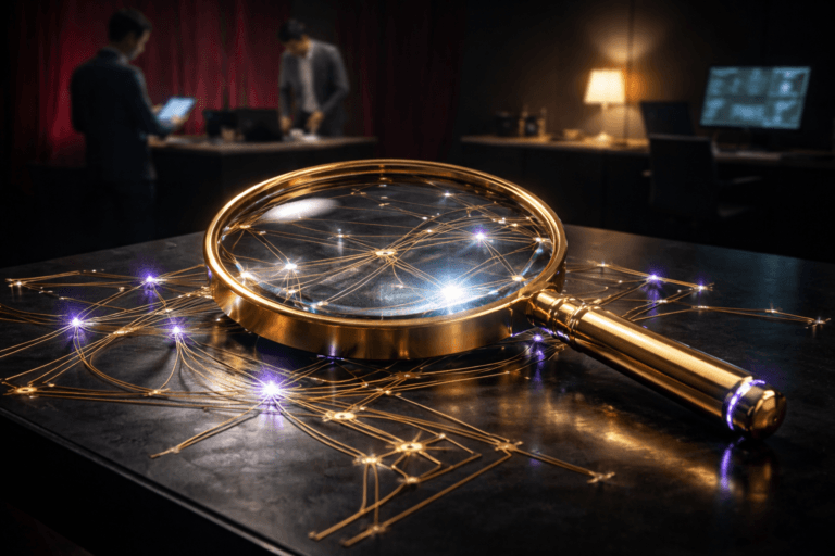 A photorealistic medium-wide cinematic shot, camera positioned approximately 1–2 meters from the subject, capturing a single refined real-world hero object: an oversized polished solid‑gold handheld magnifying glass (real prop, 45–60 cm diameter rim, thick beveled optical glass) clearly readable and dominant, resting over a tangible "web" of physical connections made from fiber‑optic strands and matte‑brass circuit traces laid on a low black lacquer table; several nodes in the web are physically raised glass beads with tiny embedded LEDs. The magnifying glass lens slightly distorts and magnifies the illuminated fiber strands beneath it, revealing ultra-detailed textures and micro-reflections. The object integrates subtle electric‑purple accents (#7B63FF) as tiny illuminated node highlights and a thin inner rim glow on the magnifier handle to indicate activity, kept restrained and realistic. Set in a realistic Tech‑Noir photography studio / executive tech lab: a luxurious deep red velvet draped wall with a soft gradient wash as the backdrop (real fabric texture visible), matte black floor, minimal industrial furniture, a small OLED side monitor and a warm desk lamp used as practical light sources. Include natural human presence in the background/periphery—two diverse professionals (business‑casual), out of focus and secondary: one standing near a workbench reviewing a tablet, one seated at a laptop—candid, neutral expressions, unidentifiable faces. Lighting is low‑key and practical: warm desk lamp and cool OLED rim light create contrast, subtle electric‑purple node glows, complemented by a soft integrated white spotlight from above and slightly to the side that sculpts the gold, glass, and brass textures and produces controlled specular highlights on the lens and rim. Composition: precise three‑quarter elevated angle providing isometric clarity while remaining photographic (35mm look, medium‑wide frame), camera ~1.5 m from subject, lens shallow‑to‑medium depth of field—magnifier and beneath web tack sharp, background softly blurred. Color palette: neutral corporate tones (charcoal, black, warm metallics) with restrained neon accents and primary electric purple #7B63FF highlights. Materials: ultra‑detailed gold metal, beveled optical glass, braided fiber optics, matte brass, black lacquer. Mood: cinematic photographic realism with subtle Tech‑Noir influence, premium, editorial‑grade. Output render: photorealistic, ultra‑detailed, 8K. Constraints: no text, no captions, no logos, no watermarks, no identifiable real persons.