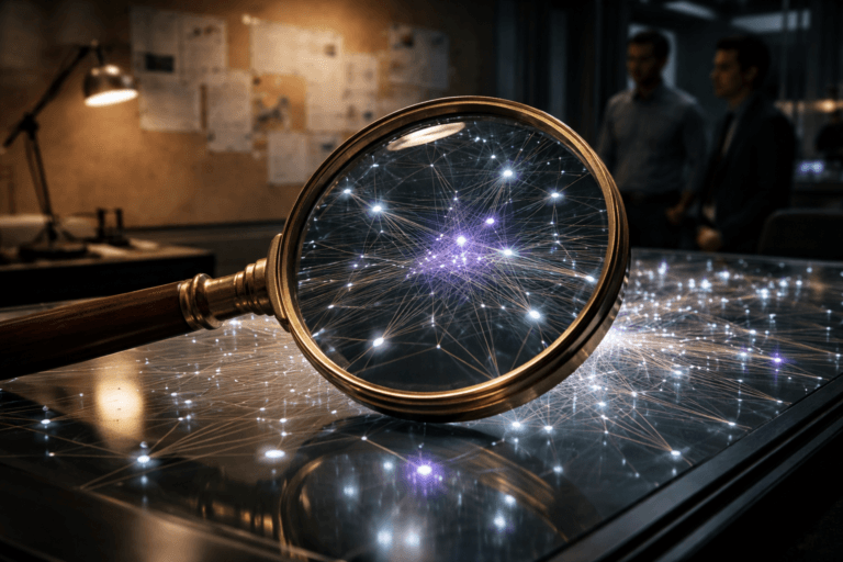 A photorealistic medium-wide cinematic shot, camera positioned approximately 1–2 meters from the subject, capturing a large, real-world polished brass magnifying glass (approx. 60 cm diameter) with a solid hardwood handle and crisp convex optical lens clearly readable and inspecting a tactile backlit glass tabletop that contains a dense, physically plausible network diagram — fine metallic filaments and micro‑LED nodes forming a web of connections, nodes rendered as small glass beads and fiber traces. The magnifying glass enlarges and reveals micro-details of a clustered node area, which glows with subtle electric-purple accents (#7B63FF) to indicate activity; surrounding nodes glow soft cool white and muted cyan for visual hierarchy. Set in a believable modern corporate strategy / tech war-room with a large slightly crumpled kraft-paper planning wall in the background (tacked printouts, pins, and hand-drawn connectors visible) to preserve the original kraft-paper texture but keep a lived-in environment. Natural human presence: two diverse professionals in the background and periphery, candid neutral expressions, slightly out of focus to remain secondary to the object. Lighting is low-key and practical — a warm adjustable desk lamp, recessed fixtures, and a soft integrated white spotlight from the side gently revealing form, texture, and depth; careful rim lighting to emphasize metallic reflections on the brass and subtle specular highlights on the glass surface. Visual style: cinematic photographic realism with a restrained Tech‑Noir influence, neutral corporate tones with restrained neon accents, primary accent electric purple #7B63FF used sparingly, premium materials and ultra-detailed textures (polished brass, heavy glass, textured kraft paper, metallic filaments). Camera look: 35mm photographic feel, medium-wide framing, shallow-to-medium depth of field, natural bokeh on background elements, photorealistic 8K, ultra-detailed. Constraints: no text, no captions, no logos floating or glowing, no watermarks.