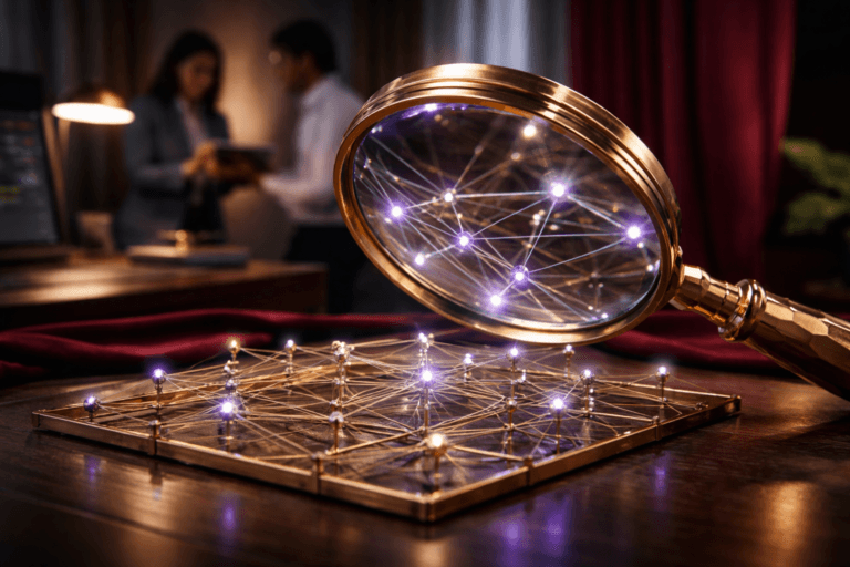 A photorealistic medium-wide cinematic shot, camera positioned approximately 1–2 meters from the subject, capturing a giant, physically plausible polished gold magnifying glass (heavy brass rim, faceted handle, crystal-clear convex lens) leaning over a tactile 3D isometric-style network sculpture — a precise miniature model made of fine brass wires, polished metal nodes and translucent fiber-optic filaments with micro-LED connection points — the network is instantly readable at 1–2 meters with clear node structure; the magnifying glass lens slightly enlarges and crisply resolves intersecting nodes and micro-texture. The object integrates subtle electric-purple accents indicating intelligence or activity without overpowering realism (micro-LED nodes and thin rim glows in Electric Purple #7B63FF, restrained). Set in a premium real-world product-studio staged as a corporate tabletop scene: a polished dark-wood executive desk draped with rich real red velvet cloth and a deep red velvet backdrop, subtle Tech-Noir practical elements (muted analytics monitor and a warm desk lamp, faint neon trim) to imply a workspace. Natural human presence in the background/periphery: two diverse professionals blurred in mid-conversation reviewing a tablet, candid and secondary. Lighting is low-key and practical — warm tungsten desk lamp, soft integrated white spotlight from the left side slightly above, and a faint electric-purple rim light to highlight edges and convey activity; gentle, realistic shadows and subtle reflections on metal and glass reveal form, texture, and depth. Cinematic photographic realism, 35mm photographic look, medium-wide framing, shallow-to-medium depth of field (subject sharp, background softly defocused), premium materials, ultra-detailed metal and fabric textures, photorealistic render, 8K. Color palette: neutral corporate tones (charcoal, warm wood, gold) with restrained neon accents and primary electric purple #7B63FF. Camera notes: medium-wide, 35mm lens equivalent, ~1.5 meters distance, natural perspective. Constraints: no text, no captions, no watermarks, no floating or dominant logos, realistic scale, human faces unidentifiable, no surreal elements — strictly photoreal and production-ready.