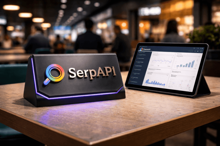 A photorealistic medium-wide cinematic shot, camera positioned approximately 1–2 meters from the subject, capturing a physical 3D isometric SerpAPI brand plaque (official SerpAPI logo embossed and laser-etched on a weighted matte-black acrylic isometric block, ~12–20 cm wide) clearly readable within a realistic environment. The plaque sits naturally on a colorful food-court table (laminated wood with light wear and subtle crumbs), paired with a nearby tablet angled toward the camera showing a live SerpAPI dashboard UI (logo visible on the tablet screen) — both logo placements realistic on solid objects, no floating elements. The 3D isometric logo is rendered as premium materials: brushed gunmetal face, soft beveled edges, and a thin backlit edge with restrained electric purple #7B63FF rim-light that indicates activity without overpowering realism. Set in a modern tech-noir food-court in a shopping center (diverse, professional people in the background, candid posture, neutral expressions, blurred to secondary), with practical light sources: overhead pendant fixtures, warm storefront LEDs, and the tablet/smartphone screens. Lighting is low-key and controlled, complemented by a soft integrated white spotlight from above-left that gently reveals form, texture and depth; subtle purple accent light sculpting edges. Cinematic photographic realism, 50mm lens look, shallow-to-medium depth of field (subject sharply in focus, background pleasing bokeh), medium-wide composition framing the isometric plaque as the dominant focal point with the tablet as supporting object, natural human presence in periphery. Color palette: neutral corporate tones (cool steel grays, warm wood, soft teals) with restrained neon accents (electric purple #7B63FF). Ultra-detailed textures (brushed metal, matte acrylic, fingerprints, tabletop wear), realistic reflections and soft shadows, premium materials. Constraints: no captions, no text overlays, no watermarks, no exaggerated glow on logos. Cinematic realism, natural depth of field, premium materials, ultra-detailed, 8K.