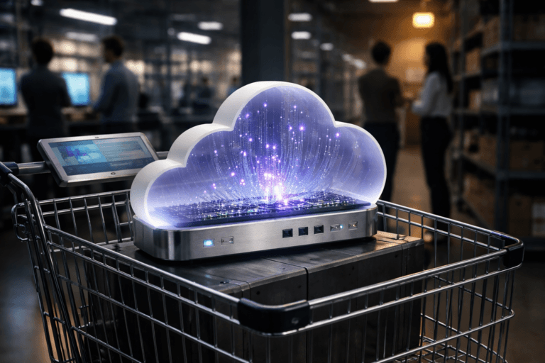 A photorealistic medium-wide cinematic shot, camera positioned approximately 1–2 meters from the subject, capturing a refined, tangible "serverless cloud" hero object: a physical cloud-shaped sculpture (frosted acrylic and glass, laptop-sized, mounted in the basket of a chromed wire shopping cart) with an integrated brushed-aluminum base and visible miniature circuit board and fiber-optic filaments inside that emit hundreds of tiny, particle-like micro-lights — these appear as controlled streams of luminous points (subtle electric-purple #7B63FF accents) rising and dispersing to imply on-demand functions. The cloud is clearly readable at 1–2 meters, made of premium materials (frosted glass, brushed metal, polished wiring) and includes realistic status LEDs and connector ports (no floating text or logos). The object integrates subtle electric-purple accents indicating intelligence or activity without overpowering realism. Set in a believable Tech-Noir retail/fulfillment studio: a dimly lit modern e-commerce staging aisle with polished concrete floor, blurred industrial shelving and soft practical monitors in the background, a tablet mounted on the cart handle showing blurred analytics (unreadable, no text), and three diverse professionals in business-casual attire conversing candidly at the periphery — human presence is realistic and secondary to the object. Lighting is low-key and practical: a soft integrated white spotlight from above/side gently sculpts the cloud and chrome cart, warm tungsten rim light from a distant lamp, and subtle LED/tablet fill contributing cool cyan and restrained electric-purple rim accents; reflections on chrome and glass are physically accurate with controlled specular highlights. Composition: medium-wide cinematic framing, 35mm/50mm photographic look, natural shallow-to-medium depth of field with the cloud and cart in sharp focus and background bokeh, camera angle slightly elevated to emphasize the cloud’s internal particle streams. Color palette: neutral corporate tones (charcoal, slate, steel) with restrained neon accents (electric purple #7B63FF, cool cyan), high microdetail on materials and wiring, photorealistic skin tones on people. Style: cinematic photographic realism with subtle Tech‑Noir influence, premium product-staging aesthetic, no surreal floating elements. Constraints: no captions, no text overlays, no brand logos or watermarks, no excessive glow; realistic scale and physically plausible setup. Cinematic realism, natural depth of field, premium materials, ultra-detailed, 8K.