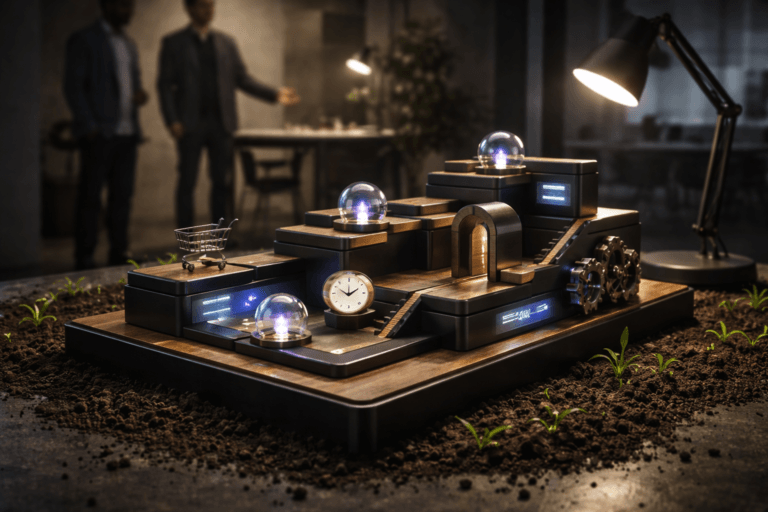 A photorealistic medium-wide cinematic shot, camera positioned approximately 1–2 meters from the subject, capturing a refined real-world hero object: a tactile 3D tabletop Service Design sculpture (40–60 cm wide) — polished modular model made from matte black anodized aluminum, warm walnut wood, brushed brass connectors and clear resin nodes. The sculpture is constructed in an isometric stepped layout of interconnected pathways and platforms, with instantly recognizable physical metaphors: a tiny cart, a miniature doorway, a chat-bubble token, a clock/token for wait time, and small exposed gears — plus embedded micro OLED screens (realistic, non-distracting) displaying abstract UI glows. Resin nodes contain subtle electric purple cores (#7B63FF) that pulse softly to indicate intelligence/activity; accents are restrained and natural on materials. The object is tactile, legible from 1–2 meters, and clearly readable as a physical service-journey diorama. Set in a believable Tech‑Noir corporate workshop: the sculpture sits directly on a patch of dark fertile soil with small fresh green shoots breaking through, placed inside a modern design studio loft — concrete floor and walls, a large collaborative table and chairs in soft focus behind. Human presence is natural and secondary: two diverse professionals (business-casual, neutral expressions) stand in the background, one reaching a hand toward the sculpture without touching it; no identifiable faces. Lighting is low-key and practical: soft overhead white spotlight from the side gently reveals form and texture, supplemented by a small arm desk lamp and the soft glow of the embedded OLEDs and purple resin cores. Shadows are controlled and cinematic, with restrained neon reflection on metal surfaces to evoke a subtle Tech‑Noir mood without overpowering realism. Visual style: cinematic photographic realism, premium materials, ultra-detailed textures (wood grain, anodized metal, brushed brass, soil granularity, wet plant shoots). Color palette: neutral corporate tones (charcoal, warm walnut, brushed brass) with restrained electric purple #7B63FF accents and small green organic highlights from the sprouts. Depth of field: natural shallow-to-medium DOF (35mm/50mm photographic look, aperture around f/2.8–f/4) to keep the sculpture dominant while softly separating background figures. Camera framing: medium-wide, slight low angle to emphasize tactile presence, detailed foreground texture and clear legibility of tokens and screens. Level of realism: photorealistic, production-ready, no surreal elements — physically plausible object and environment. Constraints: no text, no captions, no watermarks, no floating logos. Cinematic realism, natural depth of field, premium materials, ultra-detailed, 8K.