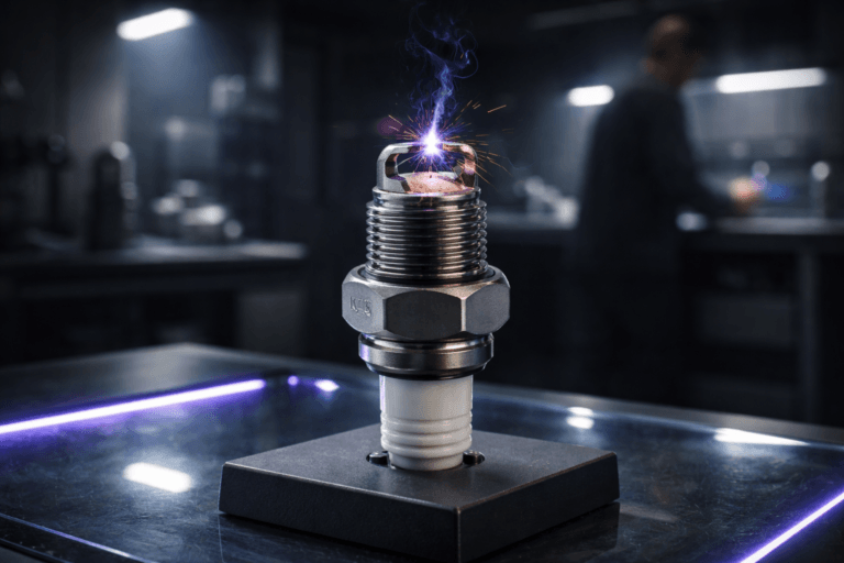 A photorealistic medium-wide cinematic shot, camera positioned approximately 1–2 meters from the subject, capturing a single, real-world automotive spark plug (metal threaded shell, white ceramic insulator, clearly visible brand stamping on the hexagonal flange) in mid-fire with a crisp, physically plausible electric arc between the center and ground electrode — visible blue-white core, fine orange micro-sparks and tiny molten particles, a faint tendril of vapor/smoke — all details readable at a 1–2 meter viewing distance. The spark plug sits mounted on a low matte-graphite display pedestal placed directly on a thick tempered glass floor with embedded LED edge lighting; the glass shows realistic reflections, subtle caustics, and soft edge glow. Integrate restrained electric-purple accents (#7B63FF) as subtle rim highlights on the arc, faint backlight wash on the ceramic insulator, and along the LED edges to indicate intelligence/activity without overpowering realism. Set in a lived-in Tech‑Noir industrial R&D showcase: low-key dark lab with matte metallic surfaces, a blurred technician in the background (diverse, professional, neutral expression, candid posture) working at a bench, and minimal practical light sources (LED edge lights, a small task lamp, and a soft overhead diffused lamp). Lighting: low-key with practical LED edge lights and a soft integrated white spotlight from above/side gently revealing form, texture and depth; controlled contrast, subtle specular highlights on metal threads, soft shadow falloff. Camera & framing: medium-wide composition, slight low-angle to emphasize the arc, 35mm photographic look, shallow-to-medium depth of field (spark plug and arc razor-sharp, background softly defocused), natural perspective, realistic scale. Color palette: neutral corporate tones (matte graphite, steel, ceramic white) with restrained neon accents and the specified electric purple. Materials: high-quality metal, porcelain ceramic, tempered glass — ultra-detailed surface micro-texture, micro-scratches and lens-level realism. Level of realism: photorealistic, cinematic, Tech‑Noir mood but anchored in plausible real-world physics. Constraints: no text, no captions, no logos floating or glowing, no watermarks. Cinematic realism, natural depth of field, premium materials, ultra-detailed, 8K.
