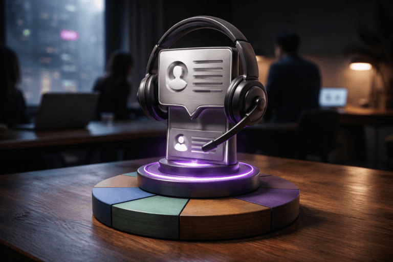 A photorealistic medium-wide cinematic shot, camera positioned approximately 1–2 meters from the subject, capturing a refined real-world hero object: a tactile desktop sculpture representing Customer Service — a physically plausible 22–28 cm tall device combining an over-ear matte-black service headset seamlessly fused with a raised 3D speech-bubble plaque and a brushed-aluminum CRM profile-card inset on a weighted base; instantly recognizable, readable from 1–2 meters, with a discrete LED ring and thin inlay glowing electric purple (#7B63FF) to indicate activity, placed naturally on a physical painted wooden pie-chart (clearly visible painted segments, wood grain and joinery) on a mid-century walnut table. The object integrates subtle electric-purple accents indicating intelligence or activity without overpowering realism. Set in a modern corporate Tech‑Noir strategy room — dark matte walls, a large floor-to-ceiling window with a rainy urban skyline and restrained neon reflections, laptops and a desk lamp as practical light sources, a small diverse group of professionals blurred in the background or periphery for human context. Lighting is low-key and practical, complemented by a soft integrated white spotlight from above or the side, gently revealing form, texture, and depth; neutral corporate tones with restrained neon accents, premium materials (matte polymer, brushed aluminum, painted wood), 35mm cinematic photographic look, medium-wide framing, natural shallow-to-medium depth of field, photorealistic, ultra-detailed, 8K, no text, no captions, no floating logos, no watermarks.