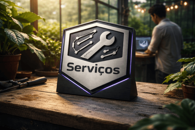 A photorealistic medium-wide cinematic shot, camera positioned approximately 1–2 meters from the subject, capturing a refined real-world hero object: a freestanding 3D isometric emblem of the brand "Serviços" — a tactile sculpture approximately 30–40 cm wide, fabricated from matte black acrylic with a laser‑cut brushed aluminum face, the wordmark physically embossed and legible at 1–2 meters, inset edge channels with very subtle electric‑purple (#7B63FF) lighting to indicate activity (no floating or exaggerated glow), realistic material wear and crisp edges, placed naturally on a rustic wooden greenhouse workbench. The object integrates subtle electric‑purple accents indicating intelligence or activity without overpowering realism. Set in a believable Tech‑Noir greenhouse workshop: a sunlit glass paneled greenhouse with warm filtered daylight and diffused humidity on leaves, assorted potted plants (ferns, rubber plant, philodendron) clustered around the bench, a small tablet or laptop in the midground showing a muted interface with the same logo on-screen (realistic placement), and a blurred diverse person in business‑casual in the background interacting with the device (secondary, candid, neutral expression). Lighting is low‑key and practical — soft natural daylight through glass, warm string lights and a small desk lamp, complemented by a soft integrated white spotlight from above/side that sculpts form and texture; subtle electric‑purple rim light defines edges without neon saturation. Cinematic photographic realism: 35mm/50mm look, medium‑wide framing, shallow‑to‑medium depth of field with natural bokeh, camera height ~chest level, premium materials, ultra‑detailed surfaces (wood grain, metal machining, acrylic finish), realistic shadows and micro‑reflections, subdued corporate color palette with restrained neon accents, photorealistic render, 8K. Constraints: no captions or text overlays in the frame, no watermarks, no floating logos or unnatural glows, brand logo only as physically integrated on the emblem and realistically on device screens.
