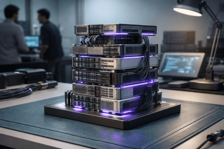 A photorealistic medium-wide cinematic shot, camera positioned approximately 1–2 meters from the subject, capturing a refined real-world hero object: a tangible tabletop 3D isometric sculpture that physically represents "Servers & Hosting" — a 40–60 cm handcrafted tabletop model composed of stacked mini server racks, blade servers, router blocks and realistic cable harnesses arranged in a clear isometric geometry, made from brushed aluminum, matte black powder-coated steel, and frosted acrylic plates; front-mounted tiny status LEDs and embedded fiber-optic strands subtly pulse to indicate activity. The sculpture is instantly readable at 1–2 meters, clearly detailed and physically plausible, with small realistic screw heads, ventilation grilles, RJ45 ports and heat-sink texture visible. The object integrates subtle electric-purple accents (hex #7B63FF) as narrow LED strips and gentle rim lighting to suggest intelligence or activity without overpowering realism. Set in a light-blue anti-static hardware lab bench environment with a minimalist soft-gradient backdrop (faint cool gray to desaturated cyan), with practical lab elements: an ESD-safe mat, a small adjustable bench lamp, a diagnostic tablet screen at low brightness showing a generic schematic (no logos or readable text), and two diverse technicians in the background or periphery — candid, professional, neutral expressions, slightly out of focus and secondary to the sculpture. Lighting is low-key and practical: cool monitor glow, warm bench-lamp fill, and a soft integrated white spotlight from above/side gently revealing form, texture, and depth; subtle tech-noir mood created by restrained neon accents and controlled shadow. Camera/framing: medium-wide, 35mm cinematic perspective, natural shallow-to-medium depth of field, surface-level angle that preserves the isometric geometry while remaining photorealistic. Color palette: neutral corporate tones (charcoal, graphite, brushed aluminum, desaturated blues) with restrained electric-purple accents and soft cyan fills. Materials and finish emphasized: brushed metal, frosted acrylic, braided cables, matte plastics, realistic reflections and micro-detail. Constraints: no text overlays, no captions, no watermarks, no floating or dominant logos, no surreal or impossible elements — fully physically plausible. Cinematic realism, natural depth of field, premium materials, ultra-detailed, 8K.