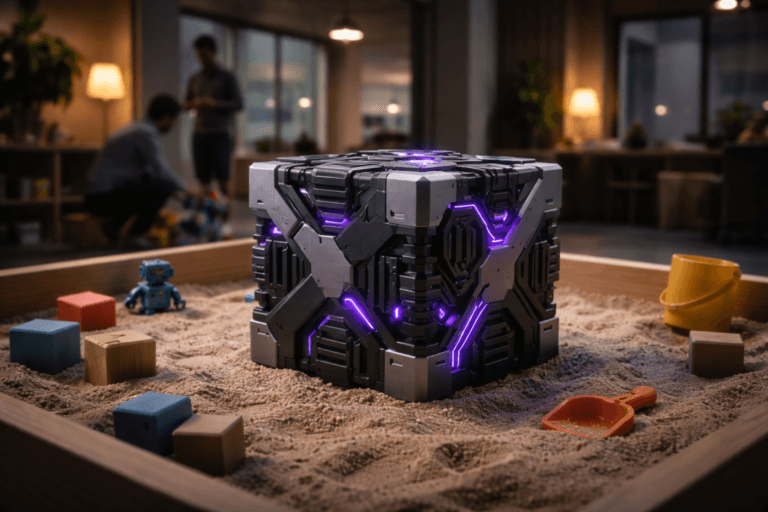 A photorealistic medium-wide cinematic shot, camera positioned approximately 1–2 meters from the subject, capturing a refined, physically plausible hero object: a tactile miniature "server cube" sculpture (≈25 cm) made of brushed aluminum and matte black polymer with isometric geometric facets, toy-like cable loops and interlocking plastic blocks integrated into its form so it reads instantly as a physical metaphor for Shadow IT; no text or floating logos. The object integrates subtle electric-purple accents (Electric Purple #7B63FF) as thin LED inlays and faint rim light indicating activity, balanced so it suggests intelligence without overpowering realism. Set in a believable, lived-in Tech‑Noir environment — an indoor child’s sandbox tray inside a modern corporate family-friendly playroom adjacent to an office, with clean sand texture, scattered colorful toys (wooden blocks, a small toy robot, plastic shovel) arranged naturally around the sculpture. Natural human presence is present but secondary: two diverse adults in business-casual clothing in the mid-background, softly out of focus, one kneeling to adjust a toy and one standing with neutral posture — faces non-identifiable, candid, unobtrusive. Lighting is low-key and practical: warm pendant and desk lamp in the room, a soft integrated white spotlight from above/side that sculpts form and texture, and restrained purple accent rim lighting from the sculpture itself; subtle specular highlights on metal, soft sand shadows, and controlled reflections. Visual style: cinematic photographic realism with a gentle Tech‑Noir influence, neutral corporate color palette with restrained neon accents, premium materials and tactile surfaces. Camera/framing: medium-wide composition, 35mm photographic look, shallow-to-medium depth of field, natural bokeh on background figures, camera ~1.5 m from subject. Render: ultra-detailed photorealistic, 8K, no captions, no text overlays, no watermarks. Cinematic realism, natural depth of field, premium materials, ultra-detailed, 8K.