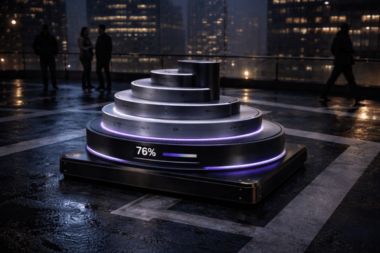 A photorealistic medium-wide cinematic shot, camera positioned approximately 1–2 meters from the subject, capturing a refined real-world hero object: an isometric-inspired physical data sculpture representing "Share of Voice" — a tabletop-sized (≈80 cm) stacked concentric-ring sculpture with a stepped isometric layout, crafted from brushed dark aluminum and frosted acrylic tiers, each tier laser-engraved with subtle percentage markers and a small integrated matte OLED status strip showing a single numeric SOV value and a minimal progress bar (legible from 1–2 m). Edges feature slim electric purple LED inlays (#7B63FF) that pulse softly to indicate activity; the sculpture sits on a low matte-black base with discreet brass accents. The object reads instantly as a real analytics artifact — tactile, heavy, and physically plausible. The object integrates subtle electric-purple accents indicating intelligence or activity without overpowering realism. Set in a rooftop helipad atop a modern corporate skyscraper at night — wet tarmac reflecting city lights, a clear painted "H" helipad marking visible beneath the sculpture, surrounding skyline of glass-and-steel towers, low urban fog and distant traffic glow — with natural human presence in the background and periphery: three diverse professionals (two conversing near the railing, one walking past with a tablet), candid posture, neutral expressions, clearly secondary to the main object. Lighting is low-key and practical: overhead helipad floodlights, building interior lights and device screens as practical accents, complemented by a soft integrated white spotlight from above/side gently revealing form, texture and depth; subtle purple LED glow provides restrained accent. Camera and framing: 35mm cinematic look, medium-wide framing, slightly elevated angle, natural shallow-to-medium depth of field keeping the sculpture crisply in focus and background figures softly defocused, realistic bokeh from distant city lights. Color palette: neutral corporate tones (charcoal, deep blue, concrete grey, warm window ambers) with restrained electric purple accent #7B63FF and small warm highlights. Level of realism: photorealistic cinematic Tech-Noir leaning but grounded in reality, premium materials (anodized aluminum, frosted acrylic, matte brass), ultra-detailed textures, realistic reflections, water on tarmac and accurate light behavior. Constraints: no captions, no text overlays, no watermarks, no floating or dominating logos, people not identifiable. Cinematic realism, natural depth of field, premium materials, ultra-detailed, 8K.