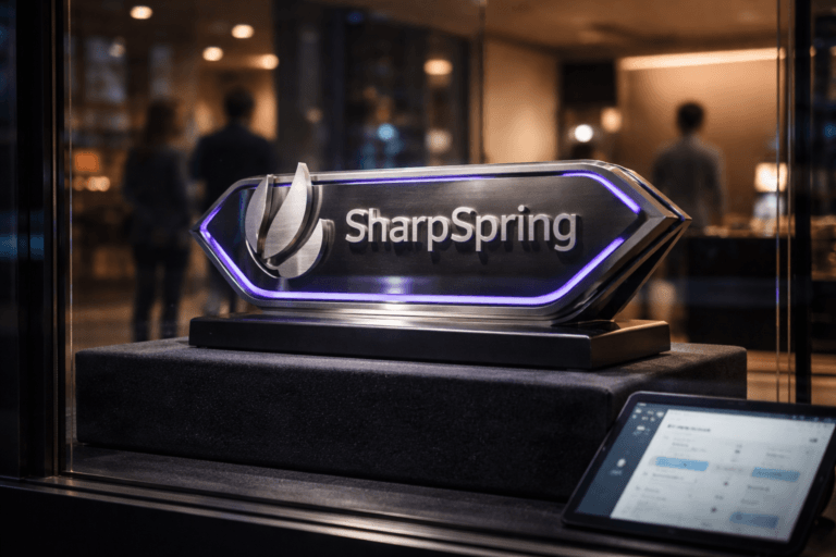 A photorealistic medium-wide cinematic shot, camera positioned approximately 1–2 meters from the subject, capturing a polished 3D isometric SharpSpring logo rendered as a physical metal-and-resin plaque (approx. 30–40 cm wide) mounted on a low black velvet pedestal, the official SharpSpring logo clearly readable and realistically integrated on the plaque surface with engraved depth and brushed-metal finish. The object integrates subtle electric-purple accents (#7B63FF) as thin inlaid LED filaments and recessed edge lighting indicating intelligence or activity without overpowering realism. Set in an upscale urban storefront display at night — a believable tech-boutique window vitrine with tinted tempered glass, soft street reflections, and a minimalistic gradient backdrop inside the display; natural human presence is present in the background or periphery (blurred diverse passerby and a store associate) to convey scale and context while remaining secondary. Lighting is low-key and practical, with warm interior practical lights and subtle neon rim lighting, complemented by a soft integrated white spotlight from above or the side, gently revealing form, texture, and depth. Cinematic realism, natural shallow-to-medium depth of field, premium materials (brushed metal, matte resin, velvet, glass), ultra-detailed, 8K. Camera/framing details: 35mm cinematic lens look, medium-wide composition, camera height ~1.2 m, subject centered slightly off-axis for depth, foreground reflections on glass. Color palette: neutral corporate tones (matte black, charcoal, warm gray) with restrained electric purple accent #7B63FF and minimal cyan highlights. Realism level: photorealistic, no surreal elements. Props/brand placement: realistic pedestal placement, optional nearby tablet showing a blurred SharpSpring UI with the SharpSpring logo visible on-screen (logo clear but UI content intentionally soft-focused). Constraints: no captions, no text overlays, no watermarks, no floating or exaggerated glowing logos, no identifiable real individuals. Render style optimized for Midjourney v6 / DALL·E 3 — high fidelity, minimal film grain, polished finish.