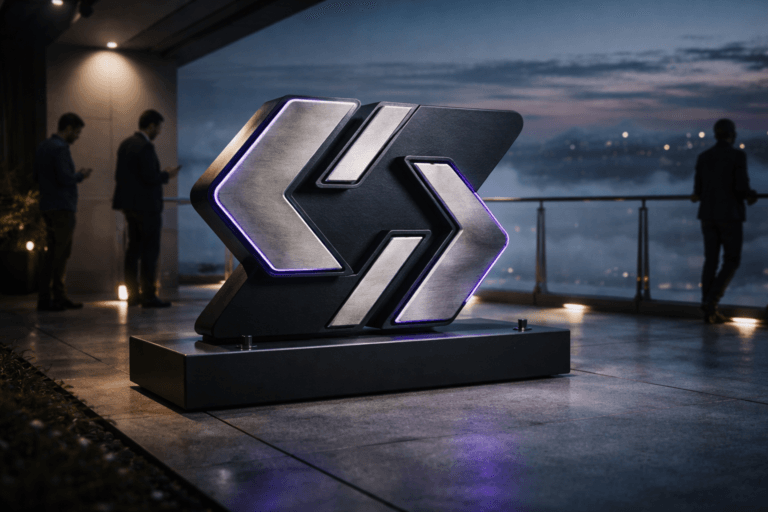 A photorealistic medium-wide cinematic shot, camera positioned approximately 1–2 meters from the subject, capturing a physical 3D isometric brand logo sculpture for "Shortcode" (stylized mark) clearly readable within a realistic environment — the sculpture is ~1.2 m wide, fabricated from brushed aluminum and matte black anodized metal, mounted on a low matte-black pedestal with visible anchor bolts; fine surface details, chamfered edges and subtle machining marks visible; integrated discrete LED edge-lighting and thin inlays show Electric Purple #7B63FF accents indicating activity, restrained and realistic (no glow halos). The object integrates subtle electric-purple accents indicating intelligence or activity without overpowering realism. Set in a rooftop observation deck of a modern technology headquarters at dawn — above a shallow inversion of low cumulus clouds filling the streets below, glass balustrades, polished concrete floor, exposed steel details and distant city neon glows, a believable lived-in Tech-Noir environment with two or three diverse professionals in business-casual attire in the background or periphery (one checking a tablet, one leaning on the railing), human presence secondary and candid. Lighting is low-key and practical (soft LED strips along the deck, distant city lights), complemented by a soft integrated white spotlight from above and slightly to the side, gently revealing form, texture, and depth; subtle rim light separates the sculpture from the misty cloud layer below. Cinematic realism, natural shallow-to-medium depth of field, 35mm photographic look, medium-wide framing, natural filmic bokeh, premium materials (brushed metal, anodized finishes, matte paint), ultra-detailed, photorealistic, 8K. Color palette: neutral corporate greys, deep charcoals and steel tones with restrained Electric Purple #7B63FF accents and soft warm highlights. Constraints: no text overlays, no captions, no watermarks, no floating or magical logo effects, realistic mounting and scale, natural reflections and physically accurate shadows.