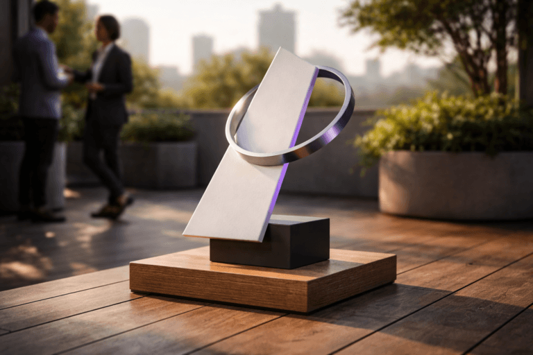 A photorealistic medium-wide cinematic shot, camera positioned approximately 1–2 meters from the subject, capturing a refined real-world hero object: a tactile minimalist tabletop sculpture (35–45 cm tall) that physically embodies "Simplicity in Design" — three clearly readable geometric forms arranged in an isometric-inspired stack: a thin matte-white porcelain slab tilted at a precise angle, a brushed aluminum circular ring suspended around its corner, and a low matte-black cube anchoring the base on a warm oak plinth. The sculpture is detailed and tangible (visible seams, material grain, tiny cast shadows), with subtle electric-purple accents (primary accent color #7B63FF as delicate edge inlay and a soft inner rim glow) to indicate intelligence without overpowering realism. Set on a real outdoor wooden deck (warm teak planks) in the soft golden morning sunlight of a secluded terrace, with a subtle urban skyline and potted greenery in gentle bokeh in the distance. Natural human presence: two diverse professionals in smart-casual attire in the background, candid and out of focus, one holding a tablet — secondary to the sculpture and believable in scale. Lighting: low-key morning sunlight from a low east angle creating long soft shadows, supplemented by a soft integrated white spotlight from above/side to reveal texture and depth, plus a restrained electric-purple rim light for tech-noir mood. Visual style: cinematic photographic realism with subtle Tech-Noir influence, neutral corporate tones with restrained neon accents, premium materials, ultra-detailed surface textures (porcelain matte, brushed metal, oak grain, teak planks). Camera/framing: 35mm photographic look, medium-wide composition, subject slightly off-center following the rule of thirds, eye-level perspective, natural shallow-to-medium depth of field, crisp focus on the sculpture with smooth background separation. Color palette: warm neutrals, soft morning gold, desaturated greens, and electric purple #7B63FF accents. Level of realism: photorealistic, natural shadows and reflections, no surreal floating elements. Constraints: no text, no captions, no logos, no watermarks. Cinematic realism, natural depth of field, premium materials, ultra-detailed, 8K.