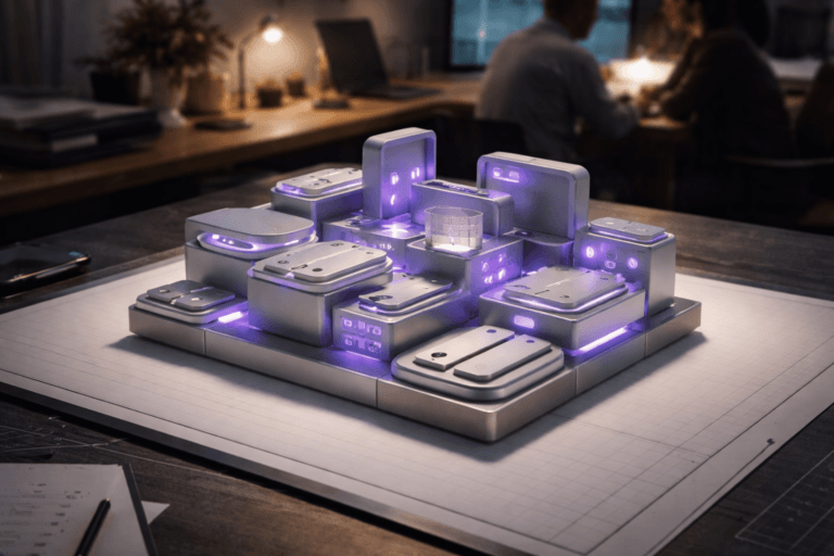 A photorealistic medium-wide cinematic shot, camera positioned approximately 1–2 meters from the subject, capturing a refined real-world hero object: a tangible modular "design system" sculpture — a 3D isometric arrangement of interlocking physical components (approx. 30–45 cm wide) made from brushed aluminum, matte soft-touch polymer, frosted acrylic panels and diffused LED cores, each module shaped as recognizable UI metaphors (rounded button shells, input-slot recesses, card slabs, small icon reliefs) with clear tactile edges and no readable text. Subtle electric-purple #7B63FF LED seams and tiny status LEDs indicate activity without overpowering realism; edges show fine machining and soft micro-scratches for authenticity. The sculpture sits centered on a professional backlit drawing light table (glowing from beneath), on top of a clean drafting mat, slightly elevated on a low platform so the isometric geometry reads clearly from 1–2 meters. Set in a modern product design studio with a Tech‑Noir mood: low-key, lived-in environment — concrete and warm-wood surfaces, a laptop and sketching tools at the periphery, two diverse designers in the background (natural, candid posture, faces slightly out of focus) collaborating over screens. Lighting is practical and cinematic: a soft integrated white spotlight from above at a side angle to reveal texture and volume, the drawing table providing diffuse up-light, a warm desk lamp and muted monitor glows adding layered fill, and restrained electric‑purple accent reflection on nearby surfaces. Camera framing and optics: medium-wide composition, 35mm photographic look, slight 10–15° high angle to emphasize the isometric structure, shallow-to-medium depth of field (subject crisp, background gently blurred), f/2.8–4, natural filmic grain, photorealistic rendering, ultra-detailed material fidelity and micro-surface detail, soft specular highlights and accurate subsurface scattering on acrylic elements. Color palette: neutral corporate tones (charcoal, slate, warm gray, natural wood) with restrained neon accents (electric purple #7B63FF as primary accent, subtle cyan highlights) for a premium, contemporary feel. Constraints: no text, no captions, no logos, no watermarks, no floating or unnatural glows; realistic scale and human context, high clarity at a 1–2 meter viewing distance, cinematic realism, natural depth of field, premium materials, ultra-detailed, 8K.