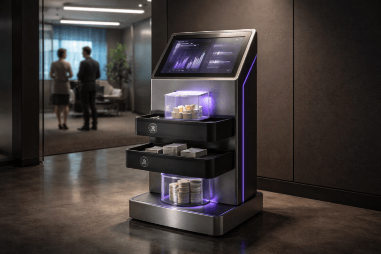 A photorealistic medium-wide cinematic shot, camera positioned approximately 1–2 meters from the subject, capturing a refined real-world hero object: a tactile "ERP control console" — a physically plausible self-service pedestal sculpture inspired by isometric 3D dashboards, composed of stacked modular elements (brushed aluminum base, matte black anodized trays, frosted acrylic cubes and a polished glass cylinder) that represent orders, inventory and finance; each module contains clear physical metaphors (a shallow tray with small paper ticket stacks, a translucent cube with miniature package blocks, a cylinder with stacked coin-like discs) and subtle embossed icons (no text) with an integrated inset touchscreen showing abstract data forms (no readable text) — the object is instantly recognizable, readable from 1–2 meters, and feels like a real interactive kiosk. The object integrates subtle electric-purple accents (#7B63FF) via thin edge-lighting and internal LEDs to indicate intelligence or activity without overpowering realism. Set in a believable Tech‑Noir self-service decision booth: a compact voting-style privacy kiosk inside a modern corporate "war room" corridor with frosted glass panels, dark matte walls, polished concrete floor and a distant glazed meeting room with a large dashboard screen; natural human presence in the background — two diverse professionals, candid posture and neutral expressions, slightly out of focus and secondary to the sculpture. Lighting is low-key and practical: soft glow from the touchscreen and internal module lights, restrained purple neon accents, practical overhead strip lighting, complemented by a soft integrated white spotlight from above-left that gently sculpts form and texture. Cinematic photographic realism, 35mm lens look, medium-wide framing, natural shallow-to-medium depth of field, premium materials, ultra-detailed surfaces, soft specular highlights, filmic noise-free rendering, 8K. Color palette: neutral corporate tones (deep charcoal, brushed aluminum, warm concrete) with restrained neon accents and primary electric purple #7B63FF. Constraints: no visible text overlays, no captions, no watermarks, no floating or overpowering logos.