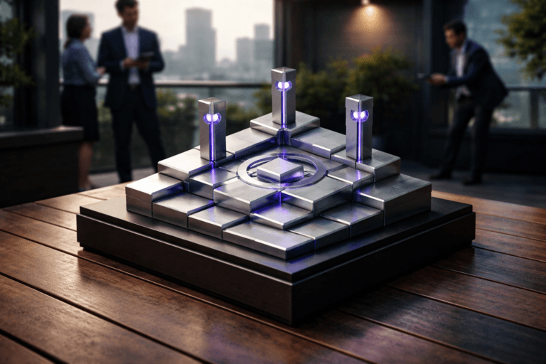 A photorealistic medium-wide cinematic shot, camera positioned approximately 1–2 meters from the subject, capturing a refined, physically plausible hero object: a 60 cm polished anodized-aluminum 3D isometric sculpture that concretely represents a "recommendation system" — stacked interlocking tiles forming a stepped isometric grid, a low-profile compass-style directional arrow integrated into the top layer, and three small branching node towers with recessed LED channels. The sculpture sits on a low matte-black wood plinth on a varnished outdoor deck. Electric Purple #7B63FF is used subtly as thin LED inlays inside the node channels and a gentle rim glow around the compass, indicating intelligent activity without overpowering realism. Set on a modern corporate rooftop wooden deck at morning light with a distant city skyline slightly out of focus, reinterpreted with a Tech‑Noir mood: controlled low-key ambience balanced with warm morning sunlight from the side and a practical soft white spotlight integrated above the sculpture to gently reveal form, texture, and brushed-metal reflections. Natural human presence in the background/periphery: two diverse business professionals in business-casual attire (one checking a tablet, one leaning on a railing), candid neutral expressions, slightly blurred to keep the sculpture dominant. Materials: brushed metal, matte black wood, smoked glass accent on the plinth, warm grain in the deck. Camera: 35mm photographic look, medium-wide framing, shallow-to-medium depth of field (subject crisply detailed, background softly separated), natural perspective, subtle lens bokeh, cinematic composition. Color palette: neutral corporate tones (charcoal, warm wood, cool steel) with restrained neon accents (electric purple and faint cyan reflections). Lighting details: directional side morning sun, low-key ambient fill, practical laptop/tablet screen reflections, small integrated white top spotlight to model texture. Realistic scale and readability from 1–2 meters, premium materials, ultra-detailed surface microtexture, photoreal render, 8K. Constraints: no text, no captions, no watermarks, no floating logos.