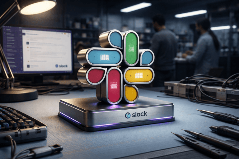 A photorealistic medium-wide cinematic shot, camera positioned approximately 1–2 meters from the subject, capturing a refined real-world hero object: a physical 3D isometric sculpture of the official Slack "Slack for Collaboration" logo (official logo present on a small brushed-aluminum plaque and subtly repeated on a background monitor), crafted as a tactile isometric desktop model with matte-finished surfaces, brushed metal edges, and inset micro-OLED status chips shaped like miniature Kanban cards — all elements instantly readable from 1–2 meters. The object integrates subtle electric-purple accents (Hex #7B63FF) as delicate edge-lighting in recessed grooves and tiny indicator LEDs to suggest intelligence/activity without glowing excessively or floating. Set on a light-blue anti-static hardware lab bench (ESD mat texture, visible grounding points, tweezers, precision tools, cable organizers) inside a clean hardware lab reinterpreted with a Tech‑Noir mood: low-key, lived-in, realistic workspace with a couple of diverse, professional technicians in the background (neutral expressions, anti-static wrist straps, blurred to secondary importance), and a nearby monitor showing a realistic Slack channel UI (logo naturally placed on the screen). Lighting is low-key and practical — a warm adjustable desk lamp and soft overhead fluorescent panels create controlled contrasts, complemented by a soft integrated white spotlight from above/side that gently reveals form, texture, and depth; subtle purple rim light (electric-purple #7B63FF) is restrained and used only as accent. Visual style: cinematic photographic realism with subtle Tech‑Noir influence, neutral corporate tones (grays, soft blues, brushed metal) with restrained neon accents. Camera & framing: medium-wide 35mm–50mm photographic look, level slightly above the bench, shallow-to-medium depth of field (sharp on the logo sculpture, smooth bokeh background), natural perspective, 1.5 meter approximate distance. Materials and details: premium materials (brushed aluminum, matte polymer, rubberized base), ultra-detailed surface textures (fingerprints avoided), realistic reflections and soft micro-shadows. Composition: logo sculpture centered-left as dominant focal point, tools and monitor forming leading lines, human figures placed in background/periphery for scale and context. Level of realism: photorealistic, production-ready, 8K, no surreal floating elements. Constraints: no captions, no text overlays, no added watermarks, no exaggerated glow on logos, logos placed realistically on physical objects and screens only.