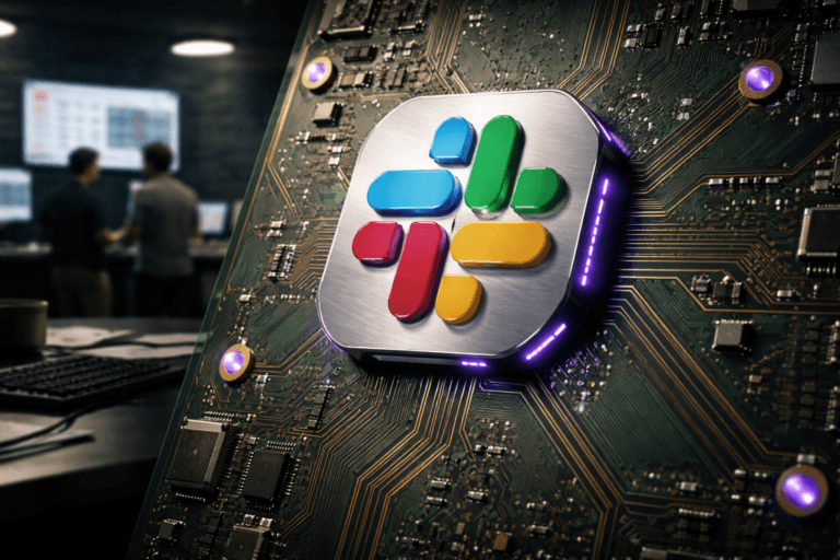 A photorealistic medium-wide cinematic shot, camera positioned approximately 1–2 meters from the subject, capturing a physical 3D isometric Slack logo badge (official Slack mark rendered faithfully and realistically) mounted flush on a giant macro green printed circuit board (PCB) with detailed copper traces, vias, solder pads and tiny components visible at scale; the badge is a premium brushed-aluminum emblem with inset enamel matching Slack colors, gently raised isometric geometry, and very subtle integrated electric-purple (#7B63FF) LED accents in the badge seams and select trace vias to indicate activity—clearly readable from 1–2 meters and plausibly fixed to the board. Set in a real-world Tech-Noir engineering/marketing-ops war room: a dim, modern operations lab with workstations and monitors in the mid-background showing blurred Slack channel interfaces and dashboards (logos visible on screens in realistic placements), a few diverse professionals in neutral smart-casual attire consulting a tablet and a printed checklist at the periphery (human presence secondary and unidentifiable), and scattered practical props (notebooks, coffee mug, keyboard) that make the scene lived-in. Lighting is low-key and cinematic: practical light sources (monitor glow, status LEDs on the PCB, a soft warm desk lamp) plus a gentle, integrated white spotlight from above/side that sculpts form and texture without harsh highlights; subtle rim lighting separates the badge from the board. Visual style: cinematic photographic realism with restrained Tech-Noir accents, neutral corporate tones with restrained neon (electric purple as the primary accent), premium materials, micro-detail on metal, enamel, solder and board texture. Camera & framing: medium-wide composition using a 35mm–50mm photographic look, shallow-to-medium depth of field (soft background bokeh), natural perspective, crisp focus on the Slack badge and adjacent traces. Color palette: deep greens (PCB), warm copper, brushed aluminum, muted greys and blacks, with soft electric-purple accents. Level of realism: photorealistic, ultra-detailed, tactile materials, believable scale and mounting, no floating or exaggerated glow effects. Constraints: no captions, no text overlays, no watermarks, no visible brand misuse; cinematic realism, natural depth of field, premium materials, ultra-detailed, 8K.