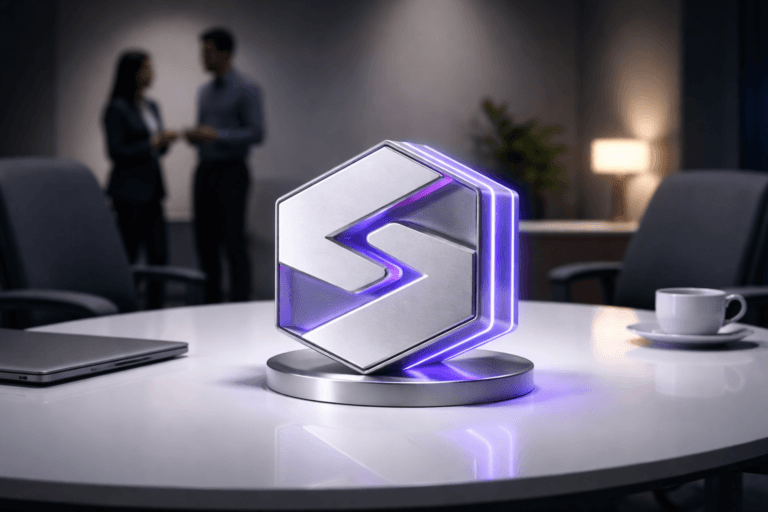 A photorealistic medium-wide cinematic shot, camera positioned approximately 1–2 meters from the subject, capturing a refined real-world hero object: a physical 3D isometric sculpture of the Slogan brand logo (official logo subtly engraved and raised on the face), crafted from polished matte aluminum and frosted acrylic, approximately 25 cm wide, edge-lit with restrained electric purple (#7B63FF) rim light to indicate intelligent activity while remaining realistic and tactile, clearly readable and legible from 1–2 meters within a realistic environment. The object sits centered on a glossy white oval conference table (slight reflection), surrounded by softly blurred modern office chairs in the background and two diverse professionals standing and talking at the room perimeter, candid and neutral expressions, secondary to the logo. Set in a modern Tech-Noir corporate conference room: minimal gradient feature wall in neutral grays, subtle practical light sources (laptop screen glow, a desk lamp on the table edge), ambient low-key lighting, with a soft integrated white spotlight from above at a 30° angle to gently reveal form, texture and depth. Cinematic photographic realism with a subtle Tech-Noir influence, restrained neon accents limited to electric purple and cool blue highlights, neutral corporate palette (charcoal, slate, soft white), medium-wide framing with a 35mm photographic look, shallow-to-medium depth of field, natural bokeh on chairs and people, premium materials, ultra-detailed surfaces (brushed metal, acrylic grain, table lacquer), realistic soft shadows and specular reflections, atmospheric depth and subtle volumetric haze. Include realistic scale cues (coffee cup, closed laptop) to emphasize size. Constraints: no text overlays, no additional typography, no watermarks, logo integrated physically (no floating or glowing logos), no identifiable real persons. Photorealistic, ultra-detailed, 8K.