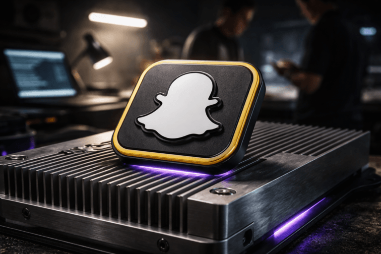 A photorealistic medium-wide cinematic shot, camera positioned approximately 1–2 meters from the subject, capturing a refined real-world hero object, including logo if applicable, clearly readable within a realistic environment: a physical 3D isometric Snapchat logo badge (official Snapchat ghost emblem rendered as a polished, enamel-inset metal plaque, isometric extruded geometry approx. 12–18 cm across, mounted with subtle recessed screws and a low-profile magnetic base) resting naturally on an industrial aluminum heatsink surface with visible fins and brushed texture. The badge is instantly recognizable at 1–2 meters — white enamel ghost inset into a matte black metal face with a thin anodized yellow rim for brand fidelity; edges and a narrow undercut feature a restrained electric purple (#7B63FF) rim light indicating activity (micro LED strip under the badge) without floating or excessive glow. Set in an optimized real-world Tech-Noir environment: a dimly lit marketing-engineering bench / performance studio with practical light sources (soft laptop screen glow, a small adjustable task lamp, and an LED status strip), two diverse technicians in the background blurred and candid (one checking a laptop, one holding a stopwatch), secondary and non-identifiable. Lighting is low-key and practical, complemented by a soft integrated white spotlight from above and slightly to the side, gently revealing form, texture, and depth; subtle purple accent reflections on nearby metal surfaces. Cinematic realism, natural shallow-to-medium depth of field (logo and heatsink razor-sharp, background softly defocused), 35mm photographic look, medium-wide framing, premium materials and finishes (brushed aluminum, anodized metal, enamel), ultra-detailed surface microtexture, photorealistic, 8K. No text, no captions, no watermarks, no floating logos, no exaggerated glow.