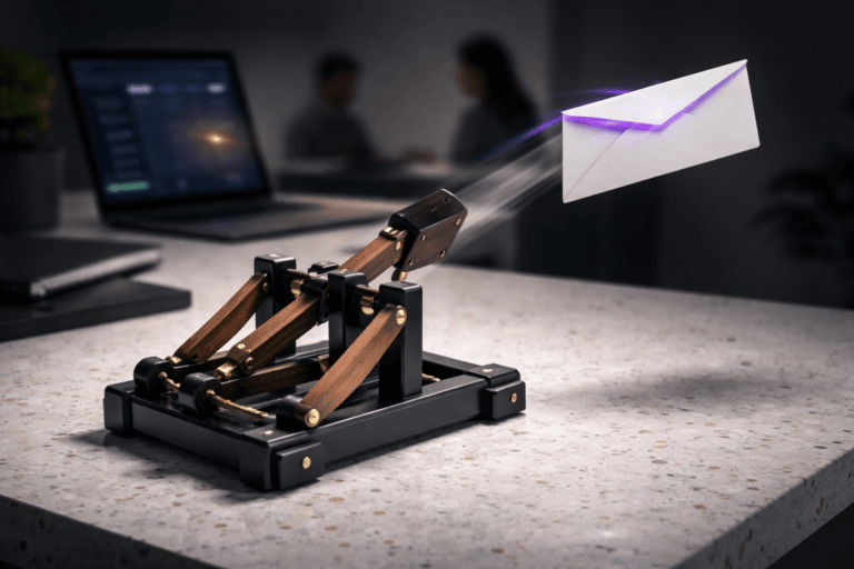 A photorealistic medium-wide cinematic shot, camera positioned approximately 1–2 meters from the subject, capturing a meticulously crafted desktop catapult (refined real-world hero object) clearly readable within a realistic environment. The catapult is a small-scale, precision-engineered model made of matte black anodized metal, warm maple wood arms, brass fastenings and a leather sling, mid-release launching a crisp white envelope (standard business size) with a subtle integrated electric-purple LED accent along the flap (hex #7B63FF) indicating intelligence/activity — the accent is restrained and realistic, not glowing excessively. The scene is set on a pristine white terrazzo surface with multi-colored stone chips (granilite) and natural shallow reflections; in the background, a minimalist modern office vignette suggests a Tech‑Noir workplace: a blurred laptop showing an abstract dashboard glow (no readable text), a soft-focus notebook, and two diverse professionals in candid, neutral postures at the periphery. Lighting is low-key and practical: a soft integrated white spotlight from the side/above gently sculpts form and texture, supplemented by the laptop’s cool screen fill and a subtle electric-purple rim light (#7B63FF) that traces the envelope’s trajectory without overpowering the scene. Composition: slightly elevated three-quarter angle echoing an isometric layout, object dominant center-left with the envelope mid-flight toward negative space on the right, dynamic arc implied by faint motion blur on the envelope’s trailing edge, natural shallow-to-medium depth of field (focused on catapult and envelope, creamy bokeh on background figures). Materials and details ultra-detailed: crisp paper fibers on the envelope, fine grain of wood, brushed metal textures, terrazzo micro-reflections, tiny dust motes in the spotlight. Color palette: neutral corporate tones (soft greys, warm wood, matte black) with restrained neon accents in electric purple. Camera aesthetic: 35mm cinematic look, medium-wide framing, natural film-like grain, photorealistic, ultra-detailed, 8K. No text, no captions, no watermarks, no floating or dominant logos — clean, product-focused Tech‑Noir realism.