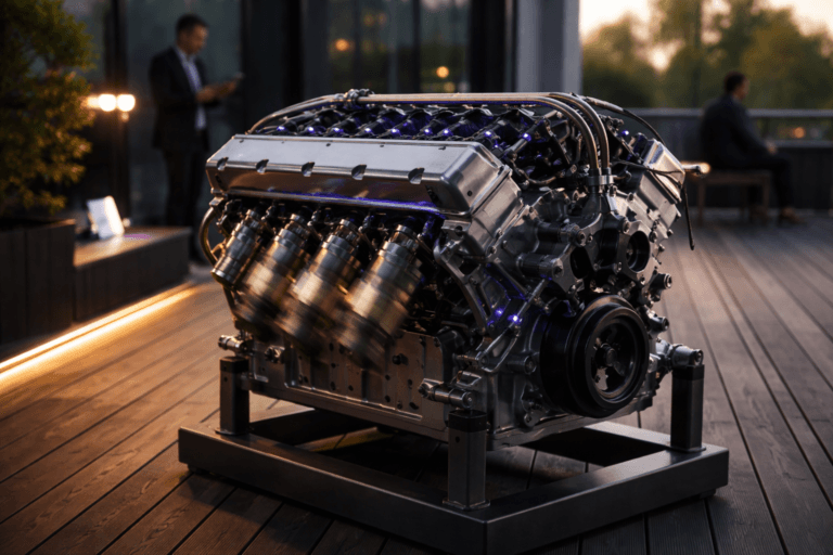 A photorealistic medium-wide cinematic shot, camera positioned approximately 1–2 meters from the subject, capturing a real-world polished automotive V8 engine block mounted on a low industrial stand on a wooden deck, pistons visibly in motion with subtle motion blur and realistic oil sheen, all mechanical details ultra-detailed and instantly recognizable from 1–2 m. The engine shows authentic materials (cast-iron block, brushed-aluminum valve covers, braided fuel lines, visible spark-plug wells) and practical hardware; subtle electric-purple accents (#7B63FF) are integrated as thin status LEDs and edge lighting inside the engine bay indicating intelligence/activity without overpowering realism. Set in a modern outdoor wooden-deck terrace/rooftop adjacent to a tech office at early morning sunlight — warm low-angle sun casting long soft highlights and gentle shadows across the deck, combined with a low-key ambient atmosphere and practical light sources (a side soft white spotlight, a nearby tablet screen, and a slim purple LED strip on the deck railing) to create a restrained Tech-Noir mood. Natural human presence in the background/periphery: two diverse professionals (one checking a tablet, one seated at a distance), candid postures, neutral expressions, clearly secondary to the engine. Lighting is low-key and practical, complemented by a soft integrated white spotlight from above or the side, gently revealing form, texture, and depth. Cinematic realism, 35mm photographic look (approx. f/2.8), medium-wide framing, natural shallow-to-medium depth of field with the engine sharply in focus and the background softly defocused. Color palette: neutral corporate tones (cool metals, soft grays, warm wood browns) with restrained electric purple accents and warm morning gold highlights. Premium materials, ultra-detailed photorealistic render, 8K. No text, no captions, no logos, no watermarks.