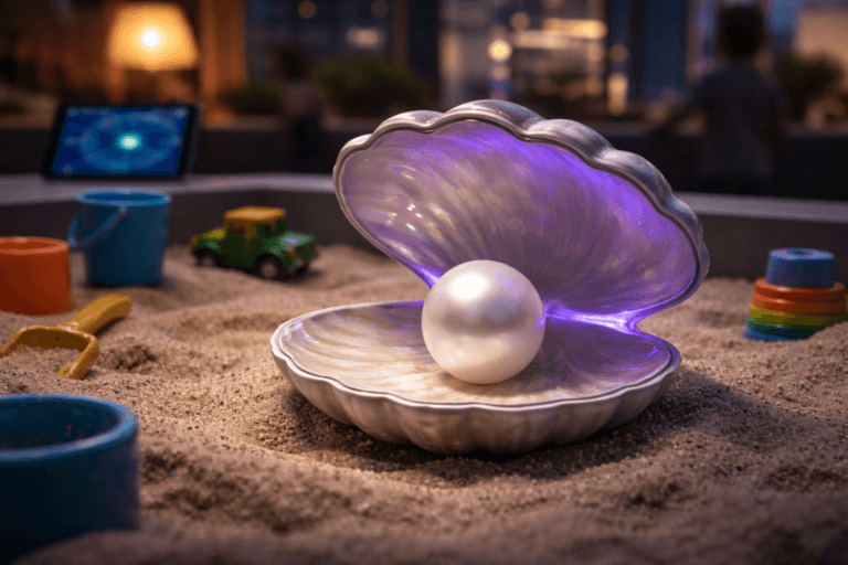 A photorealistic medium-wide cinematic shot, camera positioned approximately 1–2 meters from the subject, capturing a large flawless cultured pearl (~3 cm diameter) nestled inside an open, high-polish mother-of-pearl seashell with refined design details and realistic nacre texture, the shell resting on fine slightly damp sandbox sand so the pearl and inner shell surface are clearly readable at a 1–2 meter viewing distance. The object integrates subtle electric-purple accents (Electric Purple #7B63FF) as delicate rim reflections and a discreet, low-intensity pulsing rim light embedded along the shell hinge to indicate intelligence/activity without overpowering realism. Set in a believable, lived-in modern indoor playroom sandbox inside a contemporary co‑working lounge — colorful plastic toys (bucket, shovel, toy truck, stacking cups) scattered around the periphery, a small tablet on a nearby ledge showing a generic radar-like UI (no logos), and natural human presence limited to out-of-focus adult hands and a blurred child silhouette in the background so people are secondary to the main object. Lighting is low-key and practical: warm lamp and evening city light provide ambient fill, complemented by a soft integrated white spotlight from above at a 30° side angle that sculpts form and reveals ultra-detailed textures (wet sand granules, fine nacre striations, subtle fingerprints on nearby toys); restrained electric-purple edge light adds a tech-noir accent. Cinematic photographic realism, natural shallow-to-medium depth of field, medium-wide framing, 35mm/50mm cinematic lens look, camera slightly elevated above subject, f/2.8–4 feel, premium materials, ultra-detailed, photorealistic, 8K. Color palette: neutral corporate tones (warm beige sand, soft gray shell exterior, muted toy colors) with restrained neon accents (electric purple #7B63FF, cool cyan highlights). No text, no captions, no logos, no watermarks.