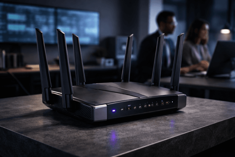 A photorealistic medium-wide cinematic shot, camera positioned approximately 1–2 meters from the subject, capturing a high-end Wi‑Fi router with multiple external antennas as the refined real-world hero object — matte black and brushed aluminum chassis, precision ventilation, visible antenna joints, tactile ports and a clearly readable status panel with activity LEDs — placed on a matte gray soapstone surface (pedestal/desk) so the device is instantly recognizable and legible at viewing distance. The object integrates subtle electric‑purple accents (electric purple #7B63FF) in indicator LEDs and faint rim lighting to indicate intelligence/activity without overpowering realism. Set in a modern Tech‑Noir operations environment: a minimalist corporate operations desk inside a social‑media control room (soapstone surface foreground, blurred wall monitor and subtle cabling in midground), with natural human presence in the background/periphery — two diverse professionals in business‑casual attire, candid neutral expressions, slightly out of focus and secondary to the router. Lighting is low‑key and practical (soft laptop and monitor glows, a small desk lamp), complemented by a soft integrated white spotlight from above/side that sculpts form, plus delicate purple rim-fill to emphasize contours; realistic soft shadows and subtle reflections on stone and metal surfaces. Camera/framing: medium‑wide composition, 35mm–50mm photographic look, shallow‑to‑medium depth of field with natural bokeh so the router is the dominant focal point, camera ~1–2 m away. Color palette: neutral corporate grays, deep matte blacks, brushed metal, with restrained neon electric‑purple accents. Style: cinematic photographic realism with a subtle Tech‑Noir influence, premium materials, ultra‑detailed surface texture (brushed metal, matte plastic, soapstone), realistic reflections and micro‑details, photoreal render, 8K. Constraints: no text or captions, no legible UI text on monitors, no floating or dominant logos, no watermarks.